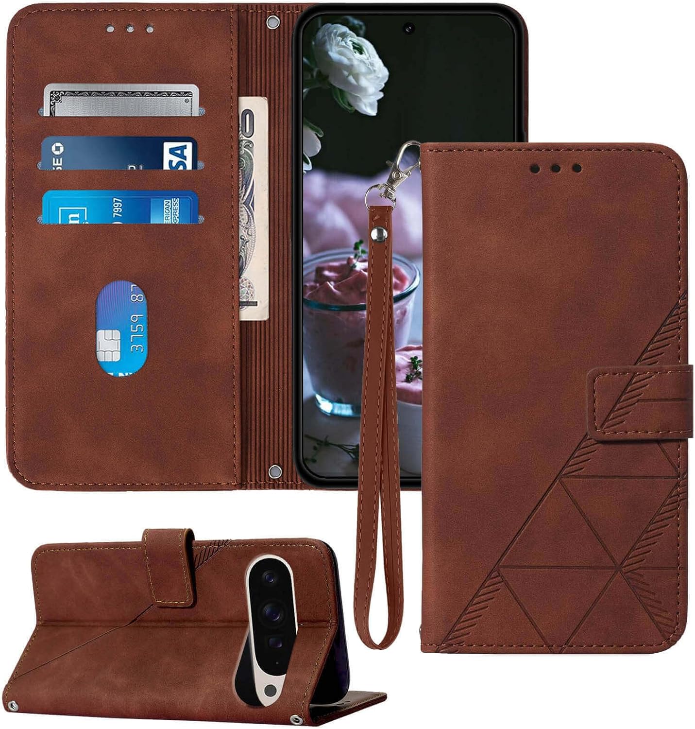 Google Pixel 9 Pro Leather Wallet Case - RFID Blocking Flip Folio Cover with Card Holder & Stand Function - Perfect for Business Travel & Daily Commute