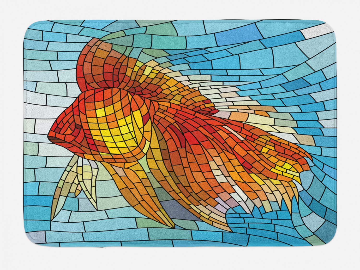 Ambesonne Non-Slip Fish Bath Mat - Stained Glass Mosaic Art Design with Orange & Blue Tones, Soft Plush Bathroom Decor Rug 30