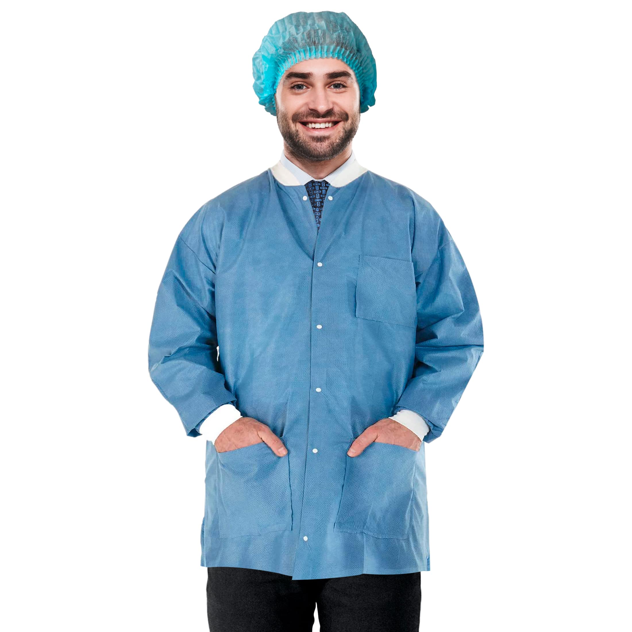 EZGOODZ Disposable Lab Coat - 29 Inch Length, Ceil Blue, Pack of 100 - SMS 50 GSM Unisex PPE Workwear with Snap Front, Knit Cuffs & 3 Pockets - Ideal for Medical Labs, Cleanrooms, Food Processing & Industrial Safety