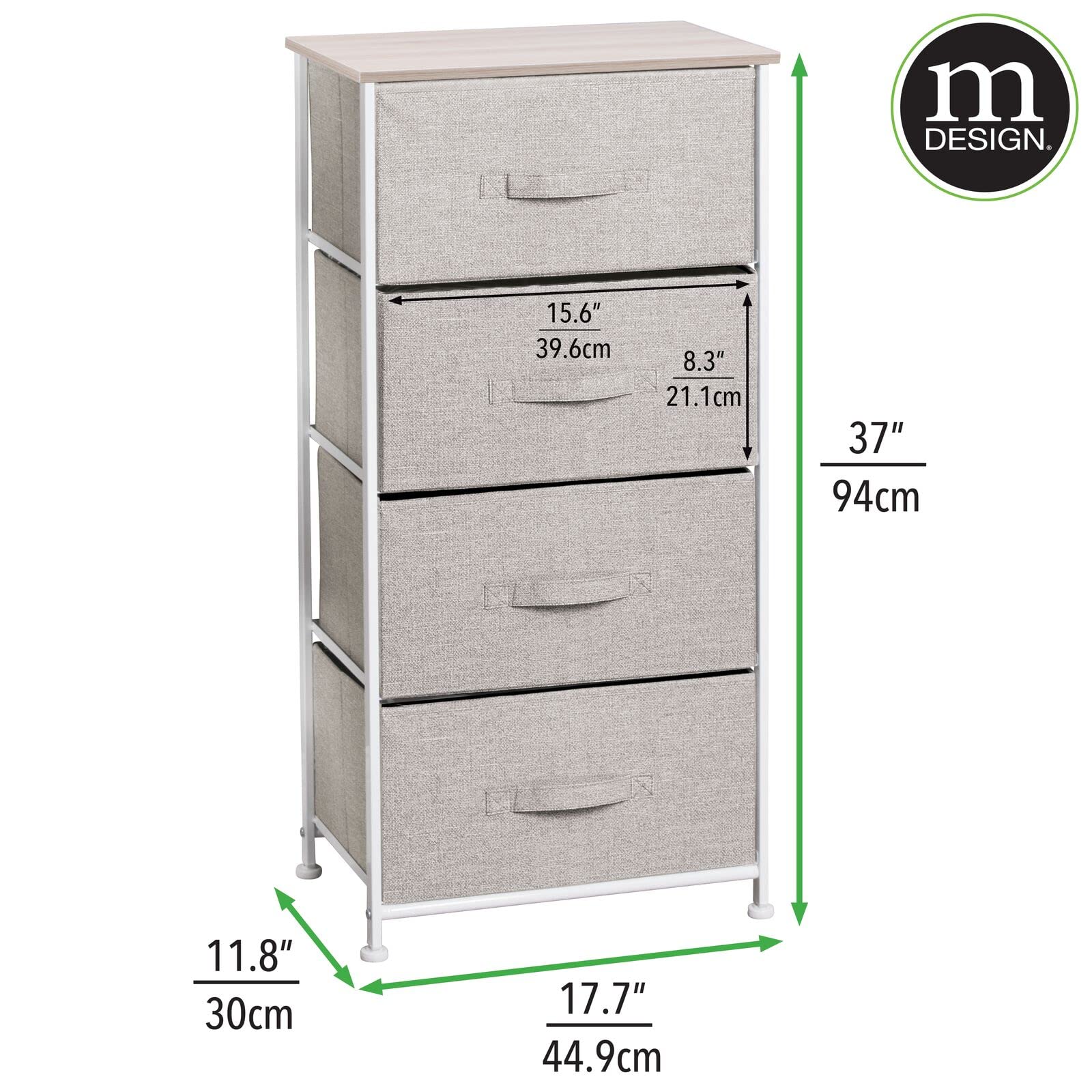 mDesign 4-Drawer Fabric Storage Tower Organizer - Steel Frame & Wood Top Dresser for Bedroom, Closet, Entryway - Lido Collection in Linen/Tan - Perfect for Clothing, Accessories & Home Organization