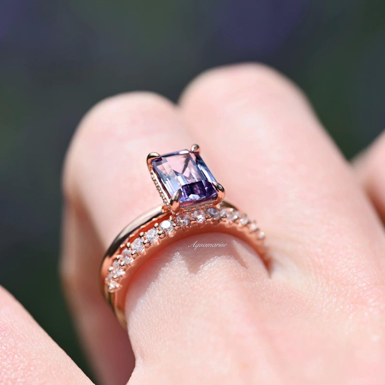 Alexandrite Engagement Ring Set - 14K Rose Gold Vermeil Wedding Band for Women | Perfect for Proposals, Anniversaries & Special Occasions