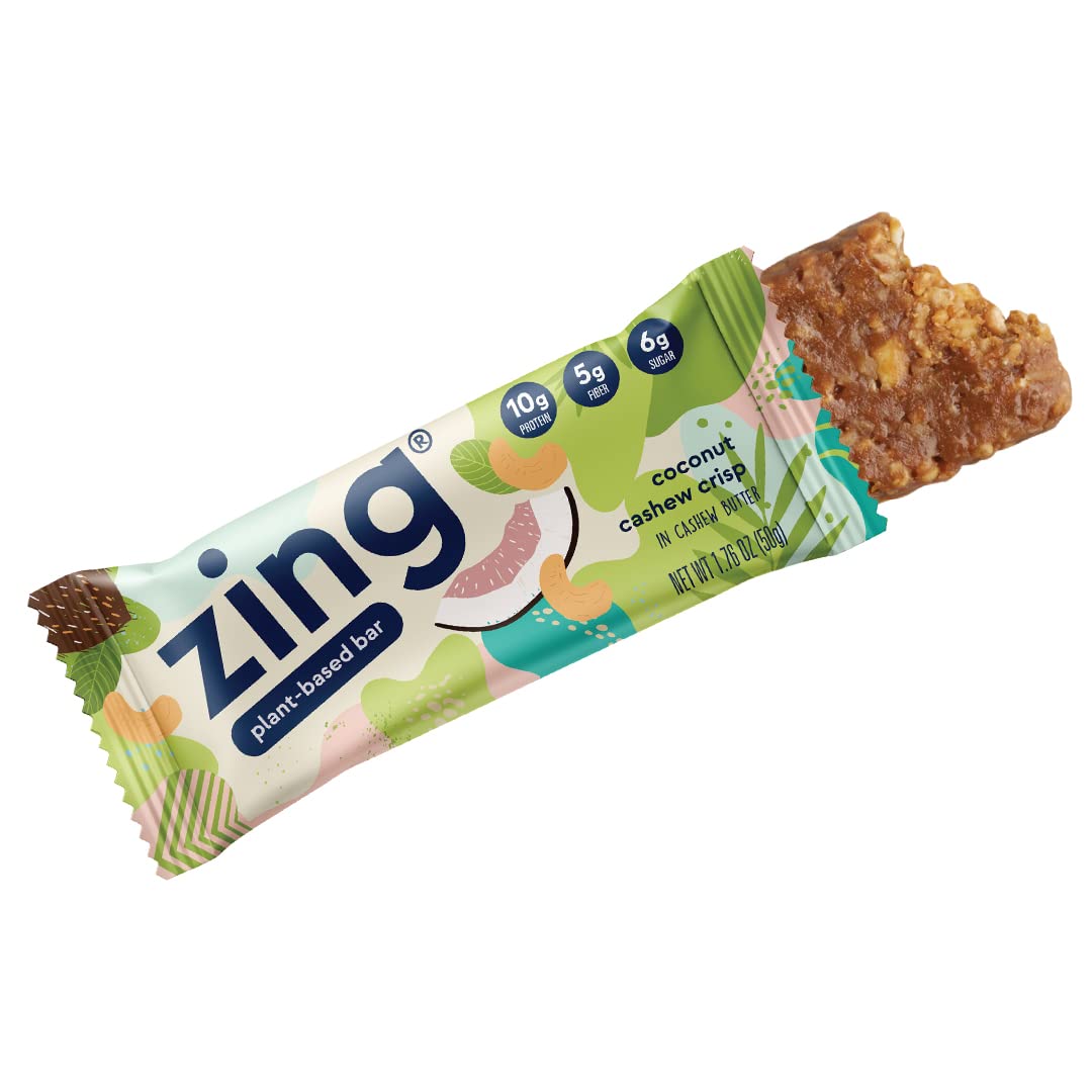 Zing Plant Based Protein Bar - Coconut Cashew Crisp (12 Count) | High Protein Vegan Snack with 10g Protein & 5g Fiber | Gluten Free, Non-GMO Nutrition Bar | Perfect for Post-Workout Recovery, Healthy On-the-Go Snacking & Weight Management
