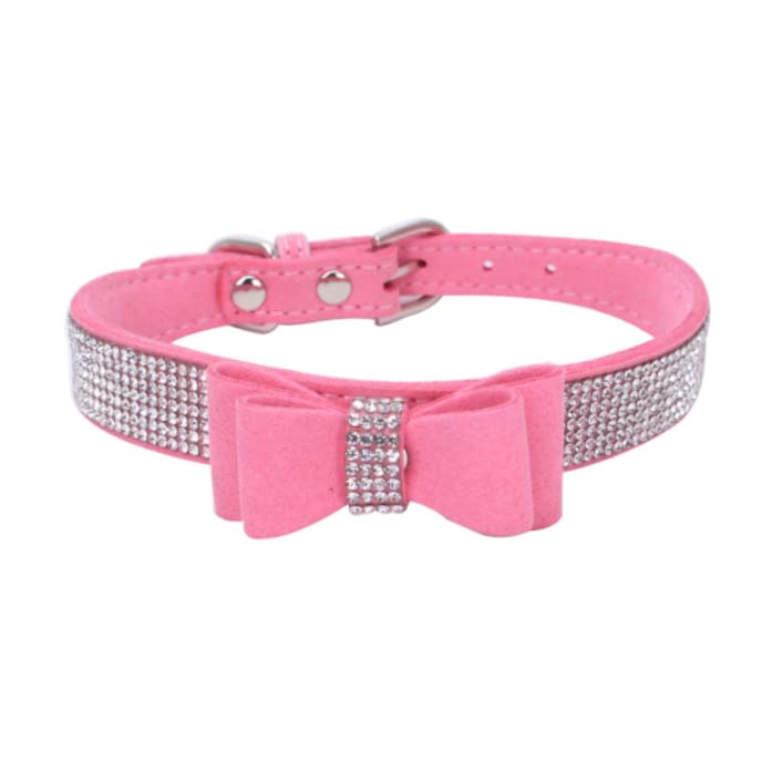 Sparkling Rhinestone Dog Collar - Adjustable Diamond Glitter Crystal Pet Collar with Bow-Knot for Small Medium Dogs | Pu Leather Puppy Cat Harness Necklace for Daily Walk, Party & Photo Shoot (Pink, Medium)