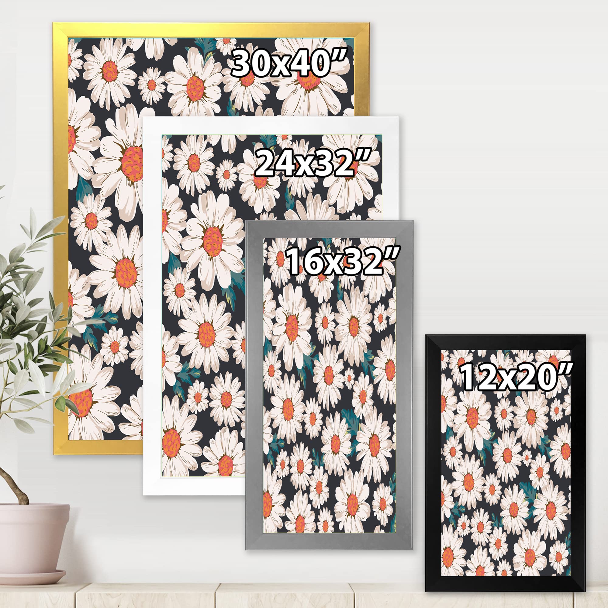 DesignQ White Daisy Flowers Framed Wall Art - Traditional Home Decor for Living Room, Bedroom & Office