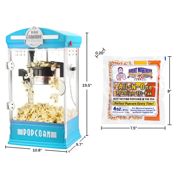 **Great Northern Popcorn Big Bambino 4 Oz Kettle Popcorn Machine with 12 All-In-One Popcorn Kernel Packets, Scoop & Bags – Blue – Perfect for Movie Nights, Parties & Home Theater Snacks**