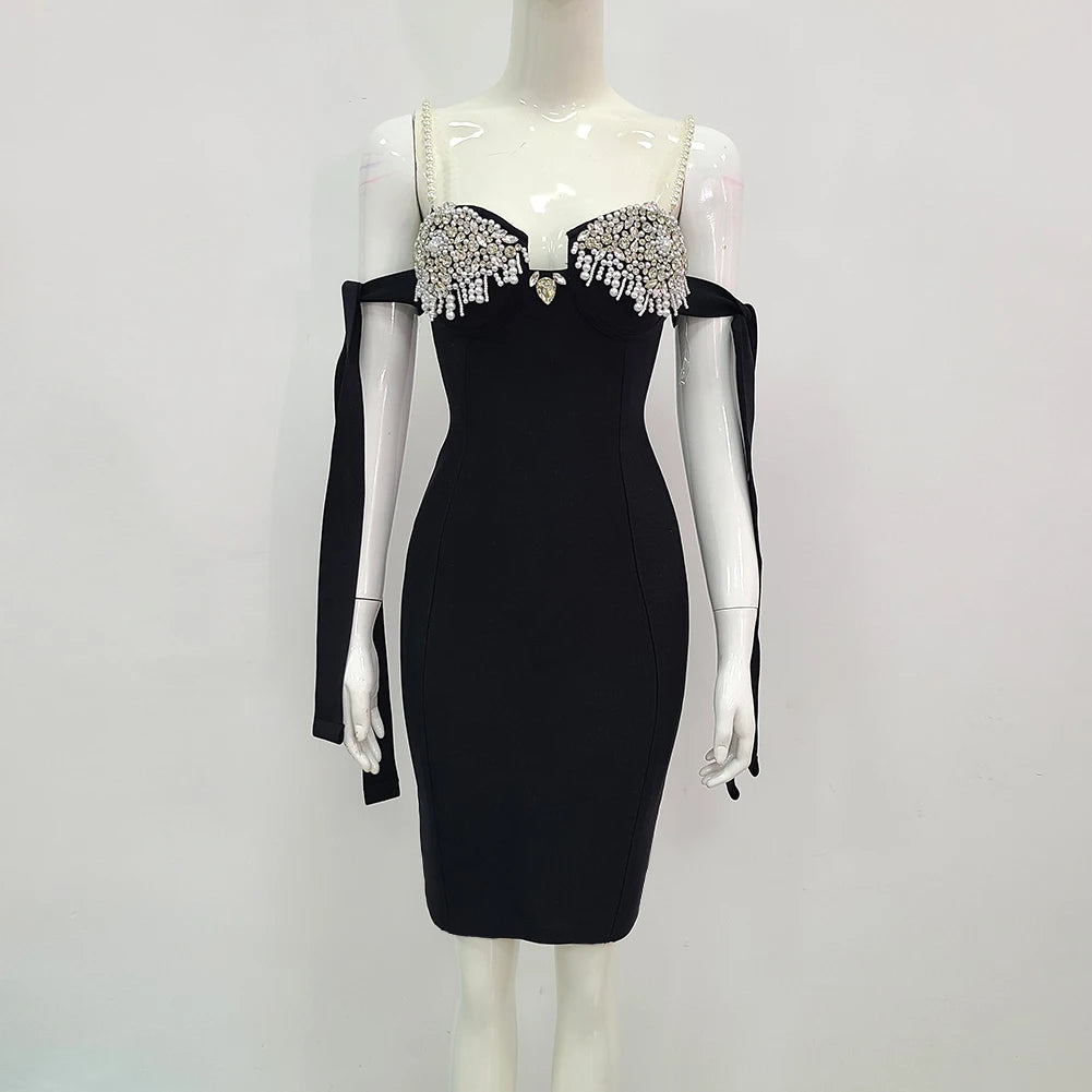 Elegant Black Off The Shoulder Pearl Slip Dress with Sparkly Beading - Rayon Bandage Bodycon Dress for Evening Party, Cocktail, Wedding Guest & Special Occasions