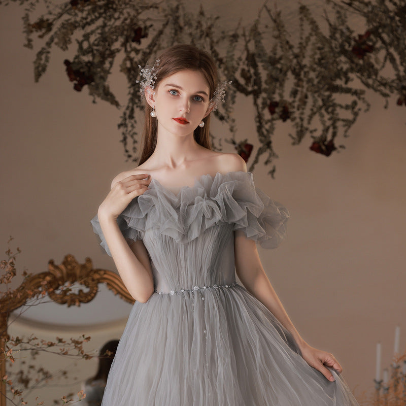 Elegant Gray Tulle Long Prom Dress with Off-Shoulder Neckline - Formal Evening Gown for Homecoming, Wedding Guest & Special Occasions