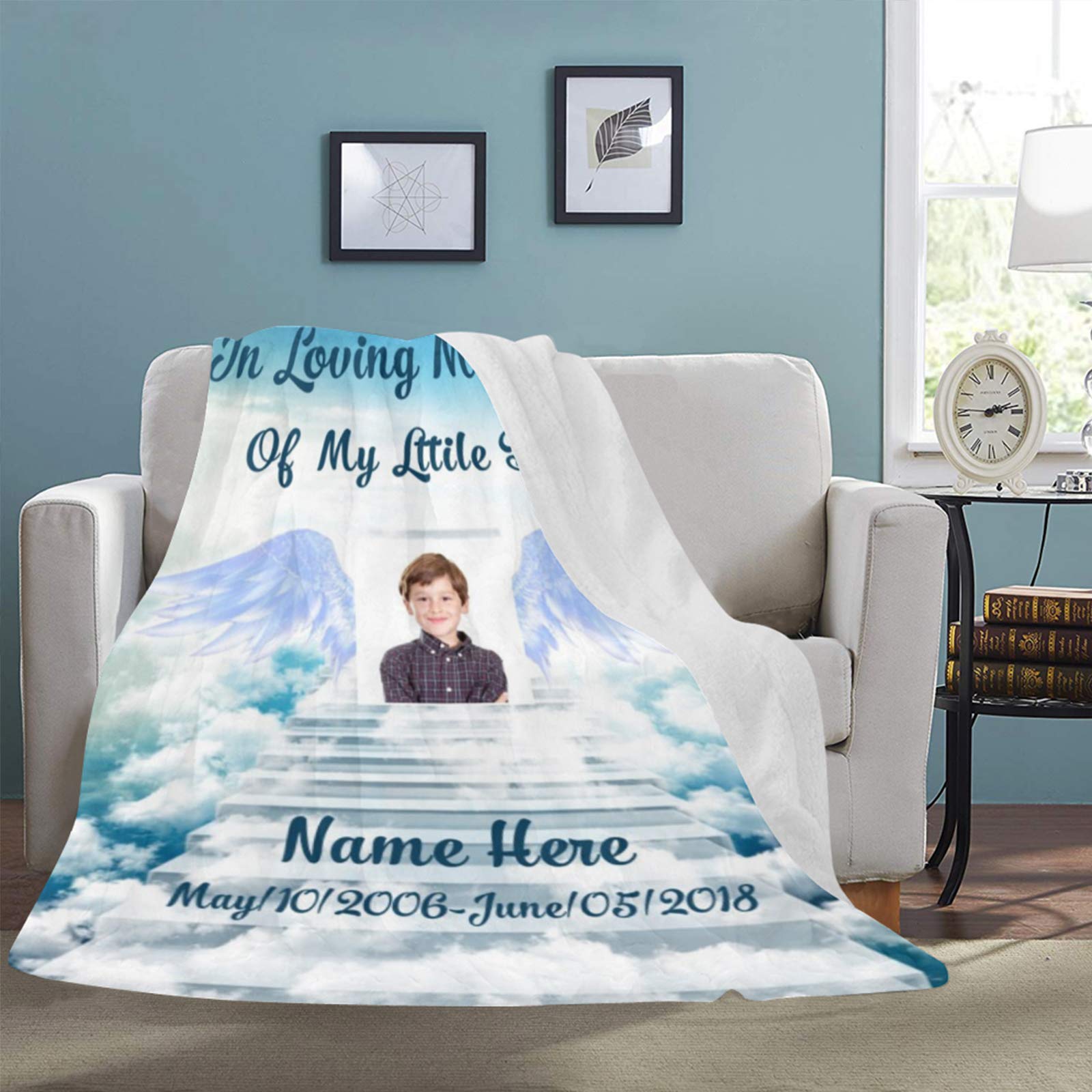 Custom Personalized Memorial Blanket - In Loving Memory of My Little Boy with Picture and Name - Fleece Keepsake Throw Blanket - Comforting Gift for Grieving Families - Perfect for Remembrance, Healing & Family Comfort