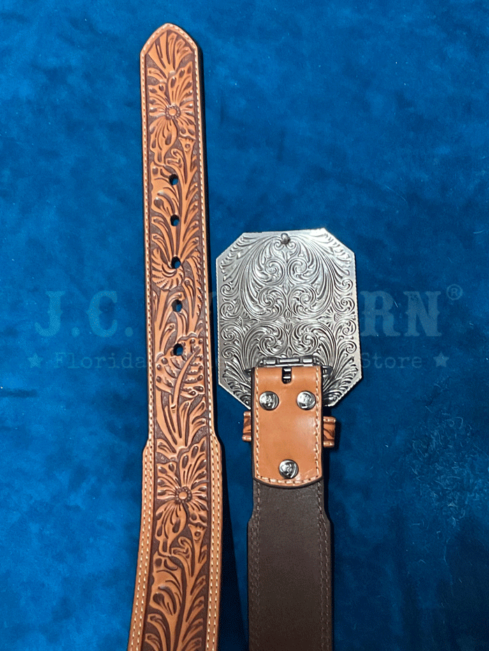 Ariat Men's Floral Embossed Tapered Leather Belt with Buckle - Tan Brown Western Style for Casual & Dress Wear | Perfect for Jeans, Work Pants & Cowboy Boots