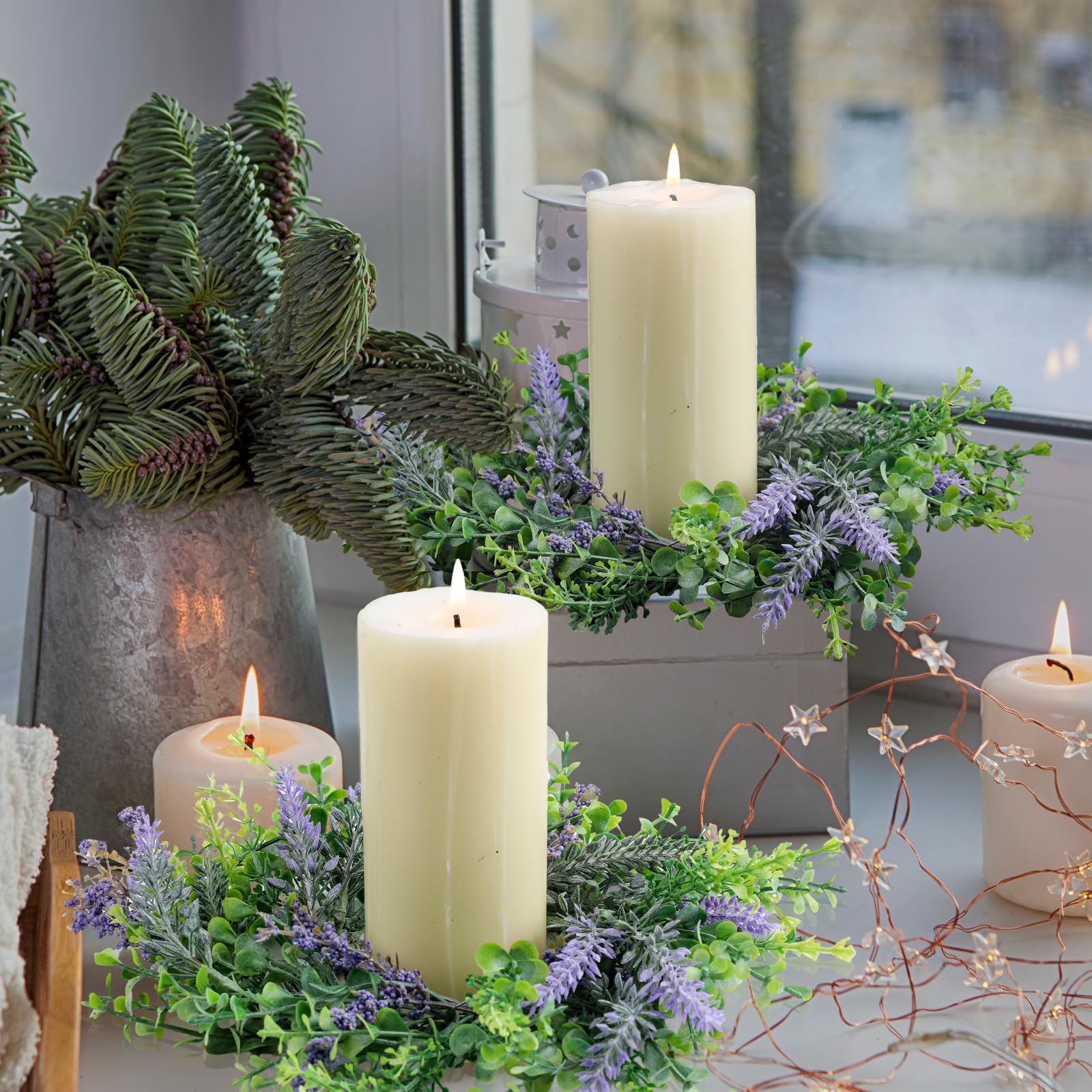 Jexine 8-Piece Lavender Candle Rings Set - Artificial Floral Pillar Candle Wreaths for Valentine's Day, Weddings & Seasonal Home Decor | Perfect for Front Door Decor, Party Centerpieces & Tabletop Displays