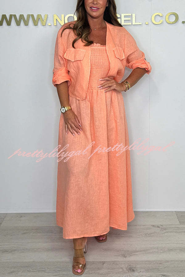 Stylish Solid Color Casual Short Jacket with Suspenders & Pleated Maxi Dress Set for Women | Perfect for Spring Outfits, Date Nights & Office Wear