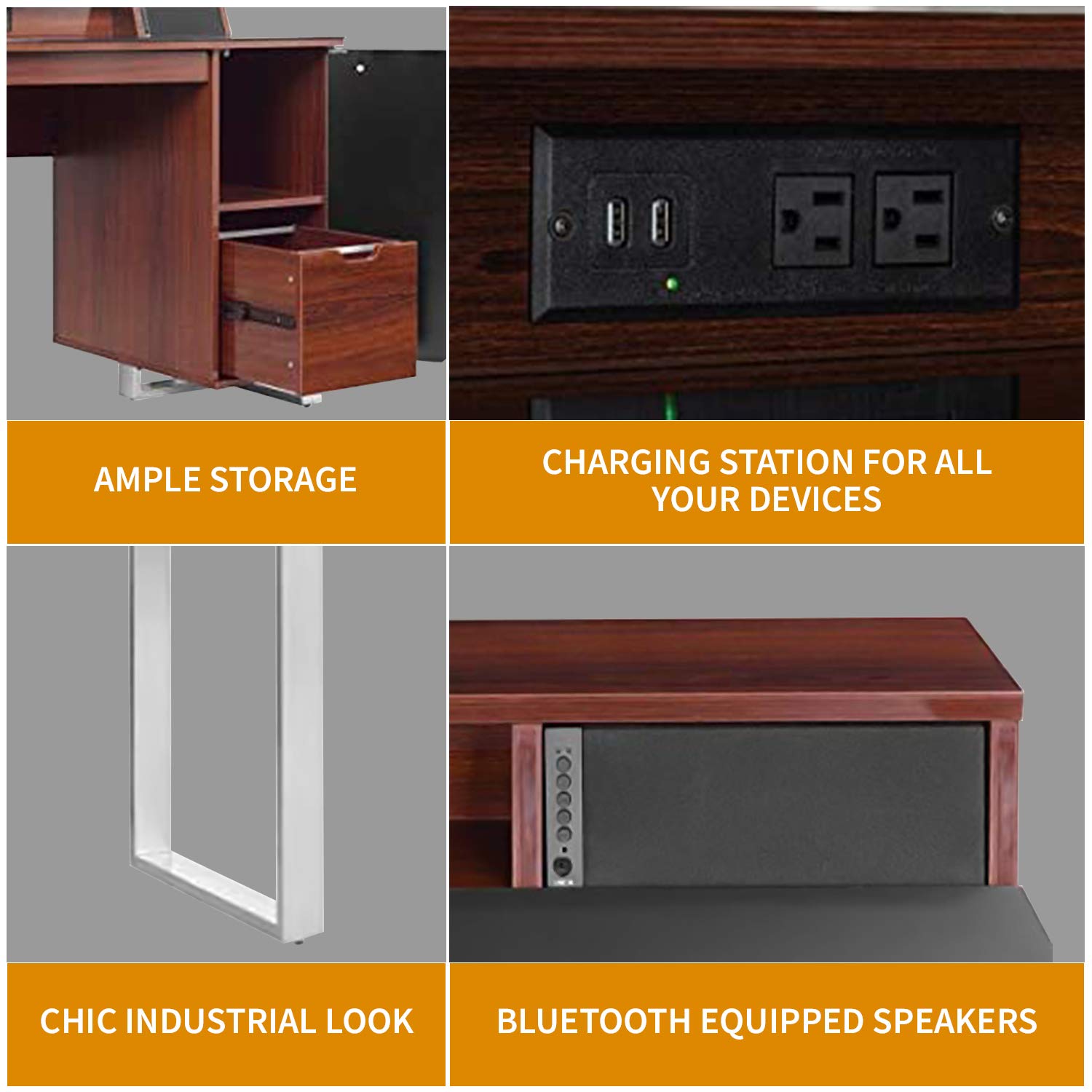 Bell'O 48 Inch Enterprise Desk with Built-in Speakers & USB Charging Station - Cherry Wood Finish (ODS4915-NC10) for Home Office & Gaming Setup