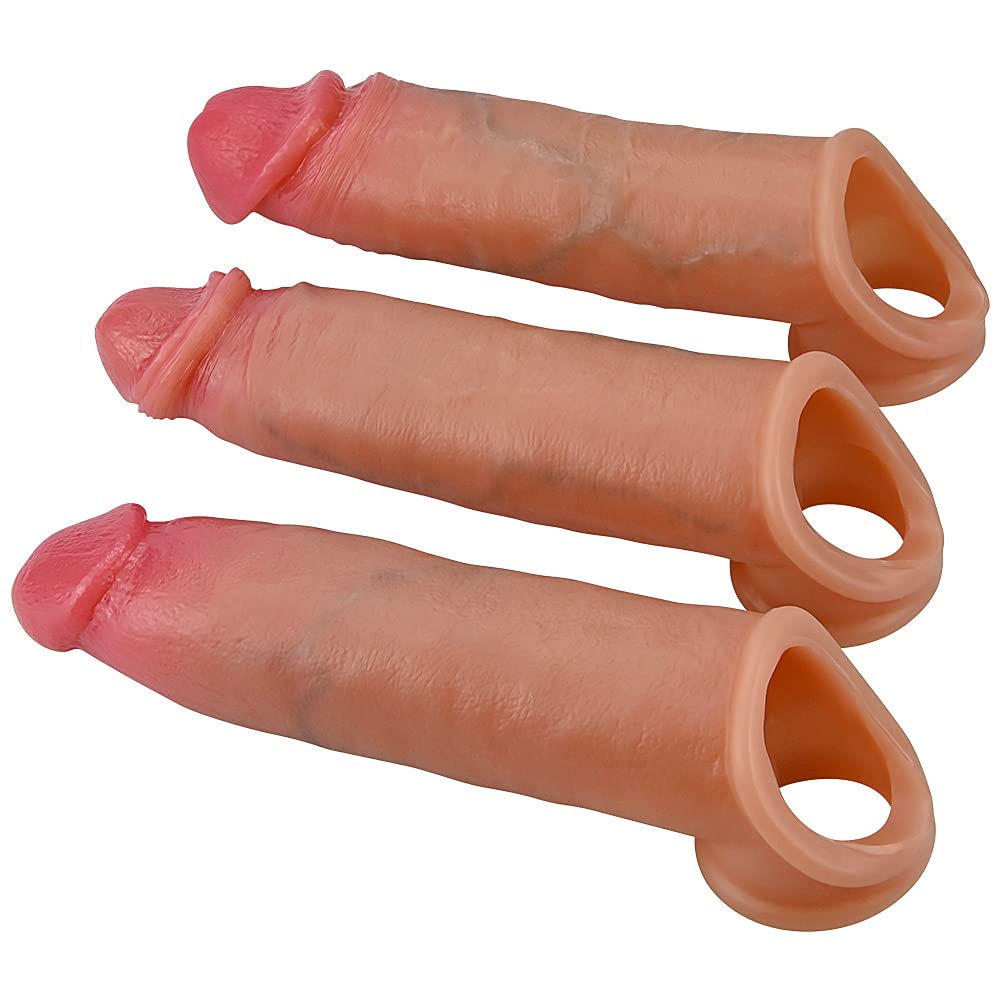 Premium Realistic Silicone Penis Sleeve Set - 3 Piece Veined Dildo Sleeves for Men | Enhances Size, Delays Ejaculation | Flesh Tone Adult Toy for Couples Play & Solo Pleasure