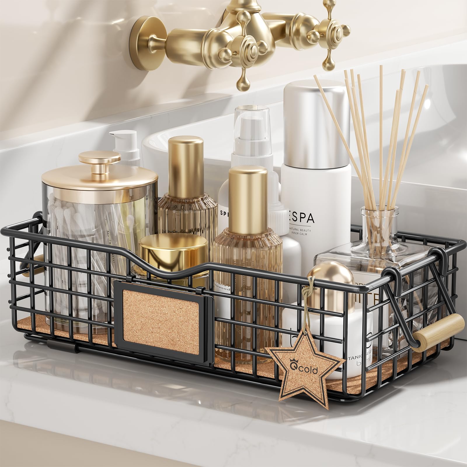 Premium Bathroom Organizer Basket with Handle - Stylish Vanity Tray for Skincare & Cosmetics Storage - Black Countertop Organizer for Bathroom Decor | Perfect for Small Spaces, Makeup Vanity & Spa-Like Bathroom Organization