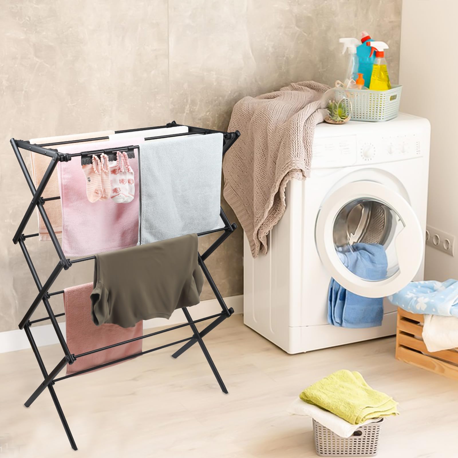 3-Tier Foldable Clothes Drying Rack - Space Saving Vertical Laundry Organizer for Indoor & Outdoor Use | Collapsible Design for Easy Storage | Perfect for Apartments, Dorms, Travel & Small Spaces (Piano Black)