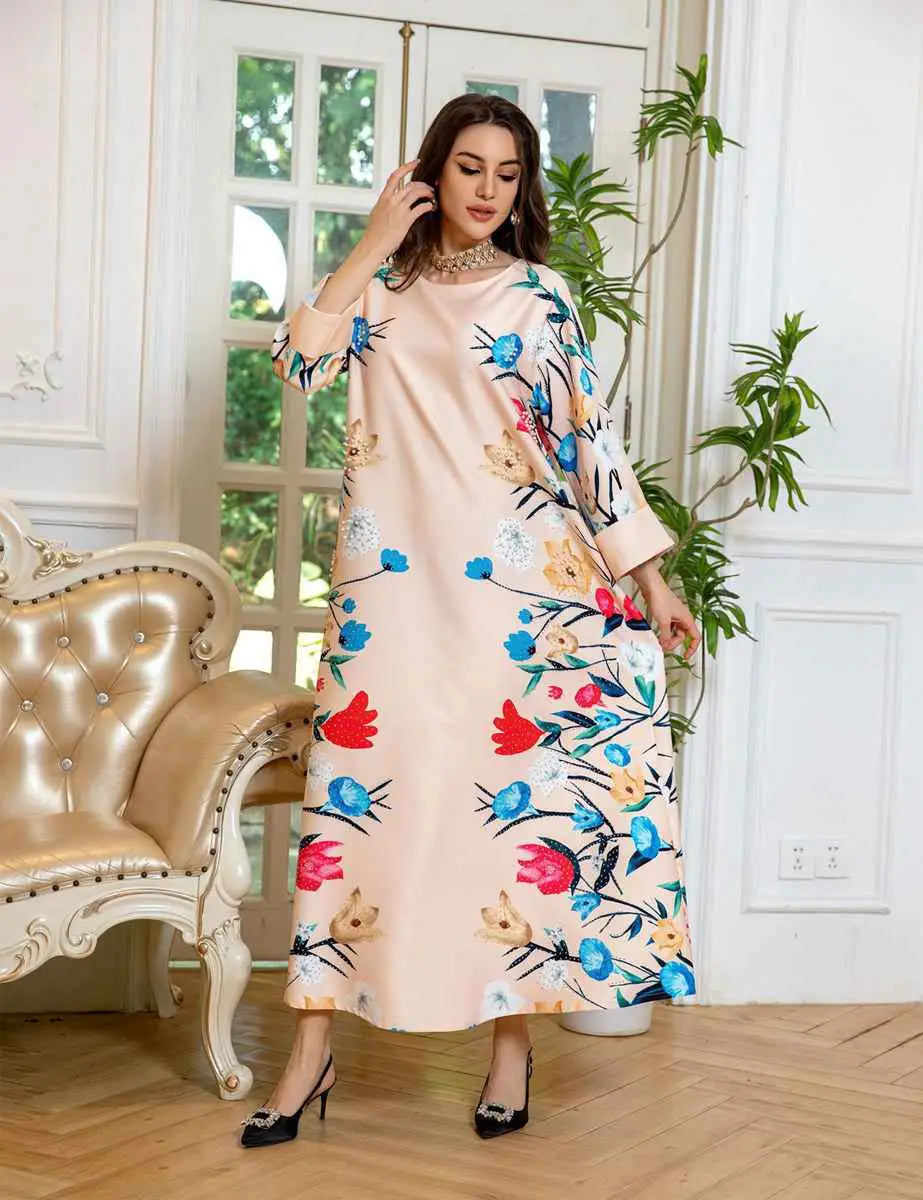 Elegant Eid Dress for Women - Arab Printed Kaftan Caftan Abaya Dress with Long Sleeves - Perfect for Eid Celebrations, Weddings & Special Occasions
