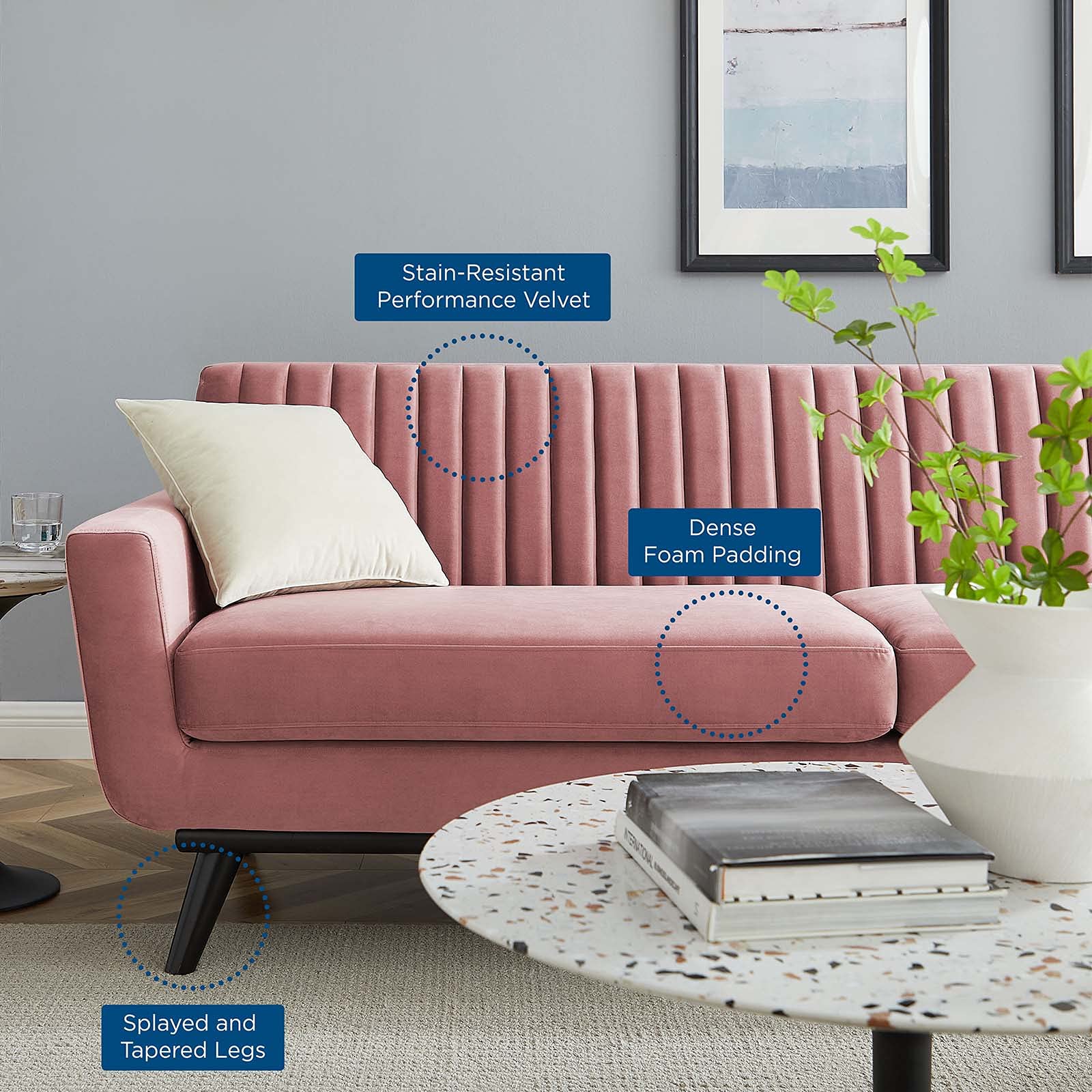 Modway Engage Channel Tufted Performance Velvet Sofa in Dusty Rose - Luxurious Mid-Century Modern Living Room Furniture for Small Spaces & Apartments
