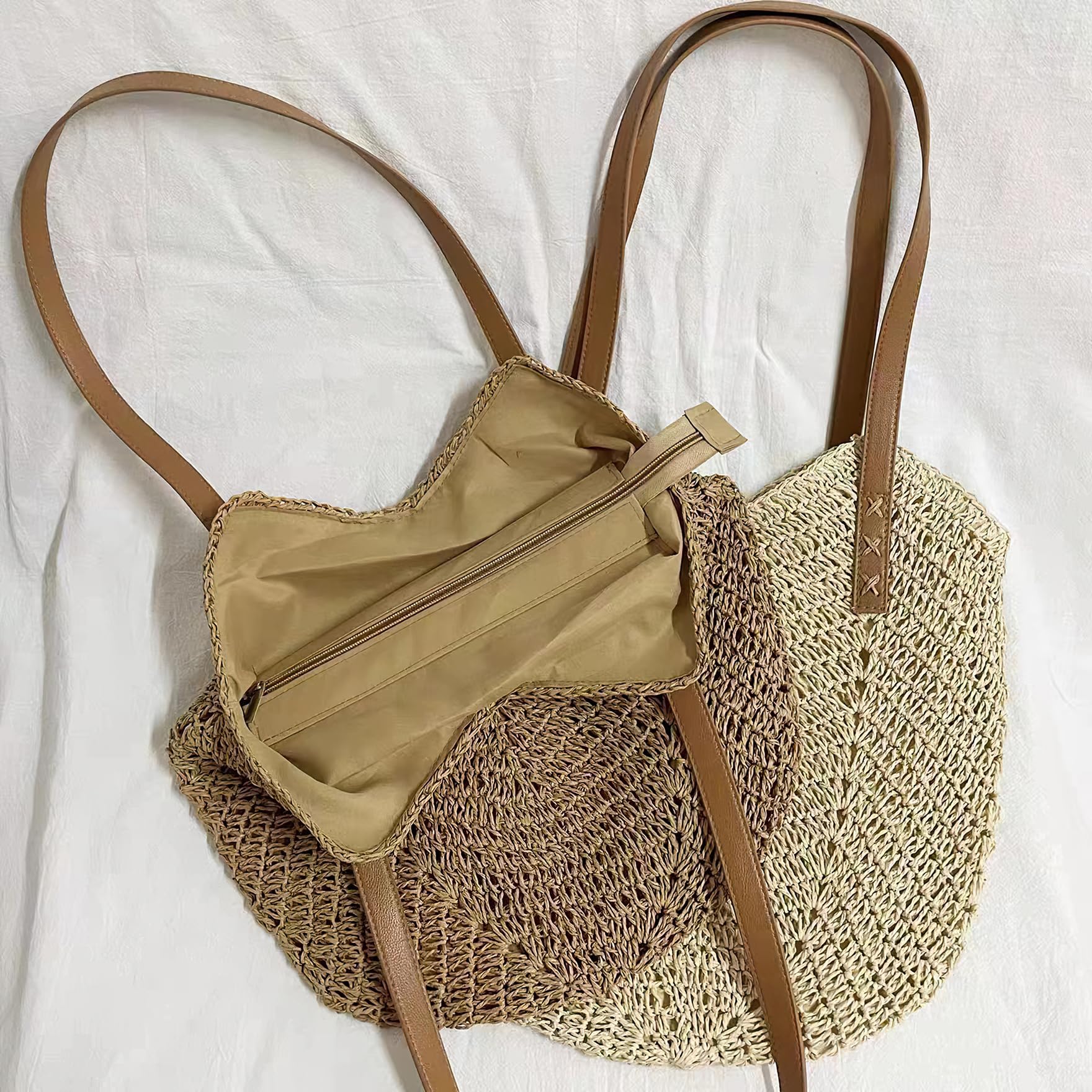 Women's Woven Straw Beach Tote Bag - Large Capacity Summer Shoulder Bag for Vacation, Travel & Shopping - Natural Brown Boho Style