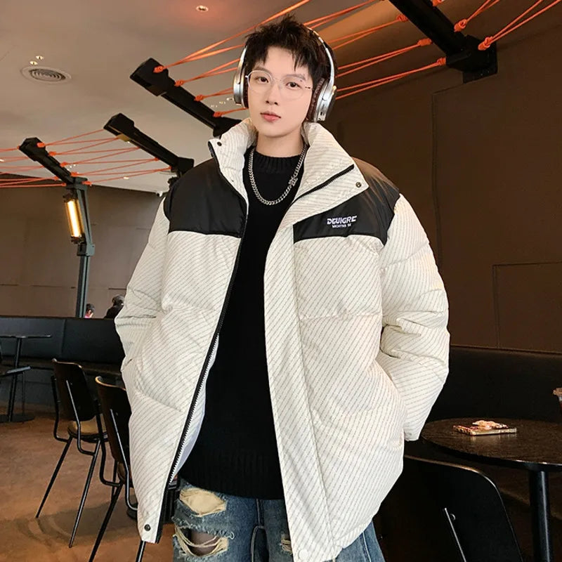 American Style Men's Cotton Jacket - Stand Collar Patchwork Letter Print Contrast Color Thick Padded Coat CPG2529 | Winter Outerwear for Casual Wear & Street Fashion