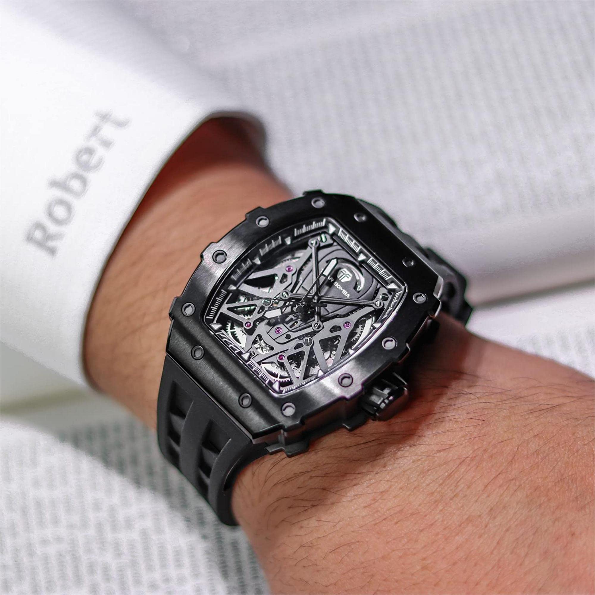Luxury Automatic Skeleton Watch for Men - 50M Waterproof Mechanical Tonneau Watch with Silicone Band - Perfect for Business, Formal Events & Christmas Gifts