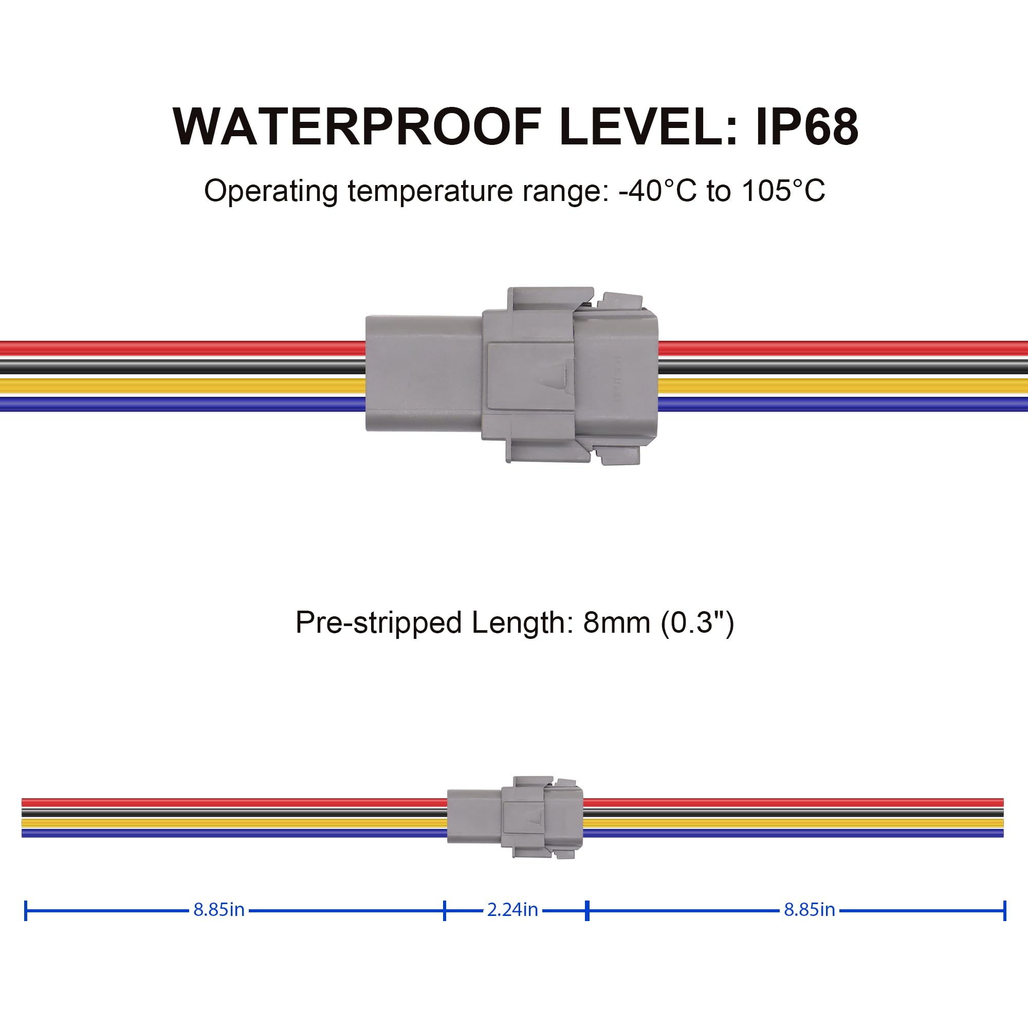 HiSport 8 Pin DT Connectors Waterproof Kit - Male & Female Wire Connectors for Car, Truck, Boat - Durable Electrical Connection for Automotive, Marine & Off-Road Vehicles - 1 Set
