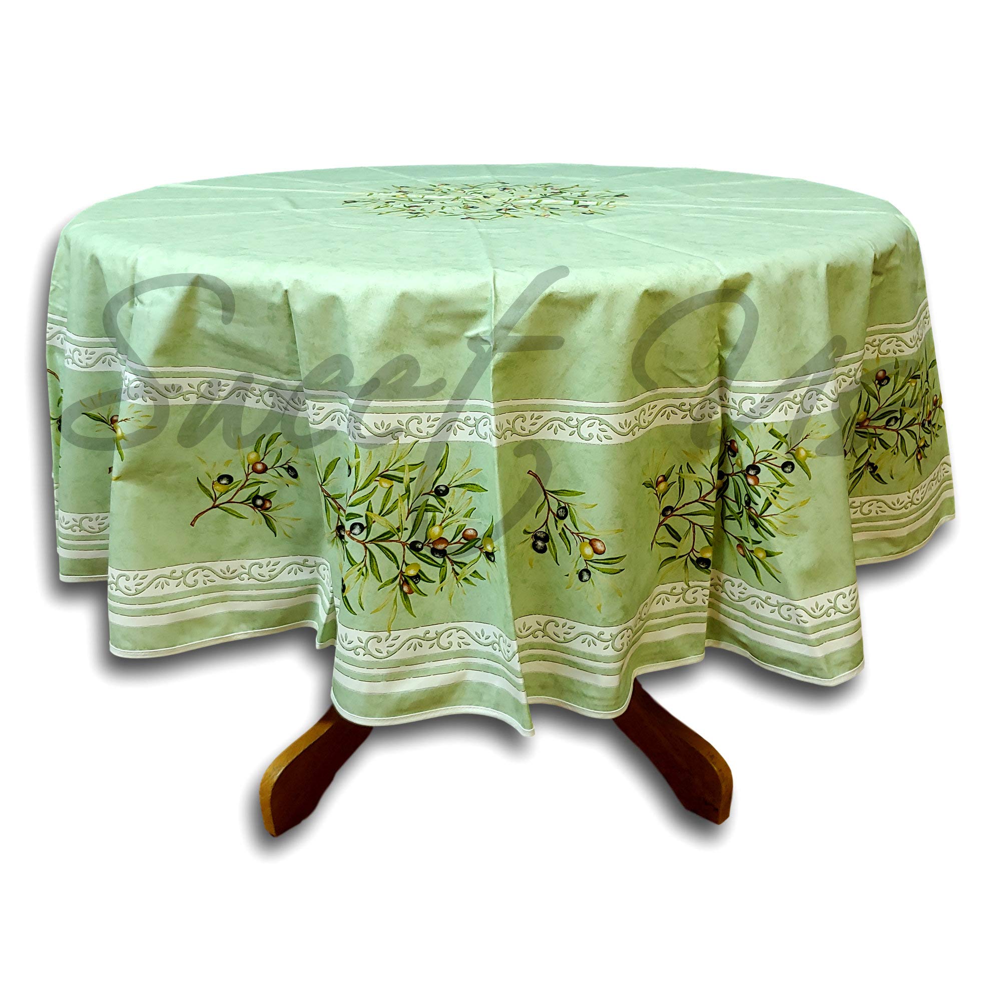 La Cigale Oliviere Spill-Resistant Wipeable Tablecloth - Acrylic Coated Floral Cotton French Provencal Design for Round Tables (71-inch, Green) | Perfect for Indoor Dining & Outdoor Picnics