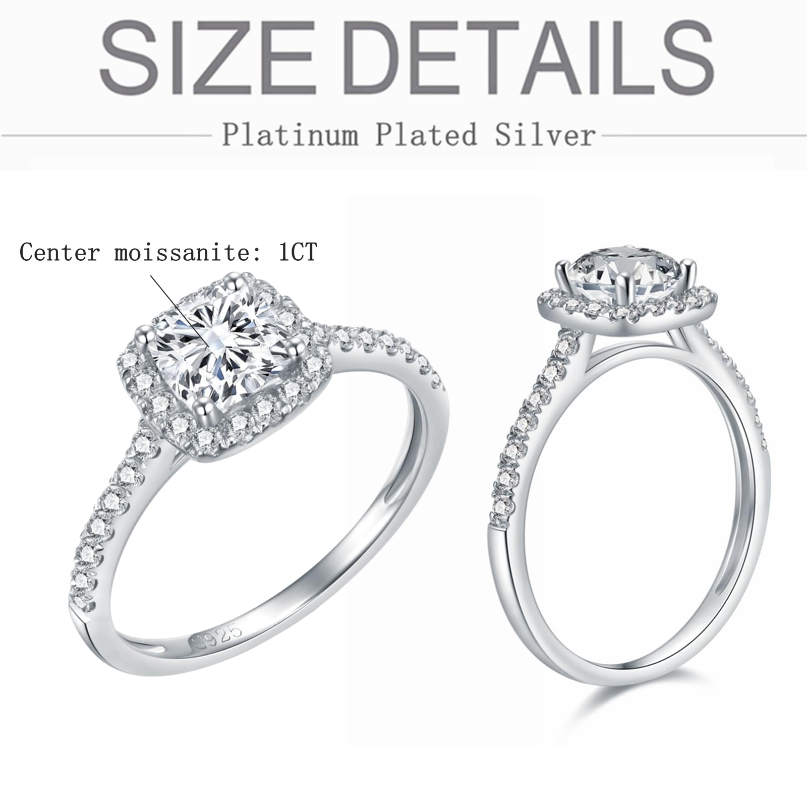 1 Carat Halo Cushion Cut Moissanite Engagement Ring for Women - 14K White Gold/Platinum Plated Silver Wedding Band, Anniversary & Promise Ring (Perfect for Proposals, Bridal Jewelry & Special Occasions)