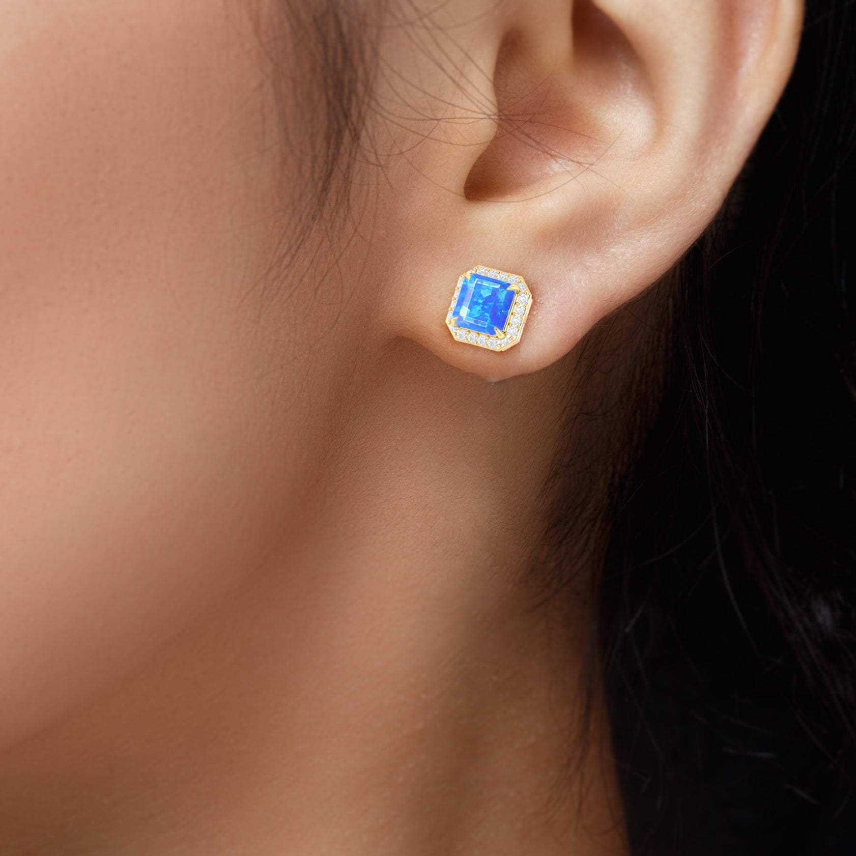 Natural Blue Opal Stud Earrings for Women - 14K Gold Plated Push Back Earrings for Daily Wear & Gift Giving