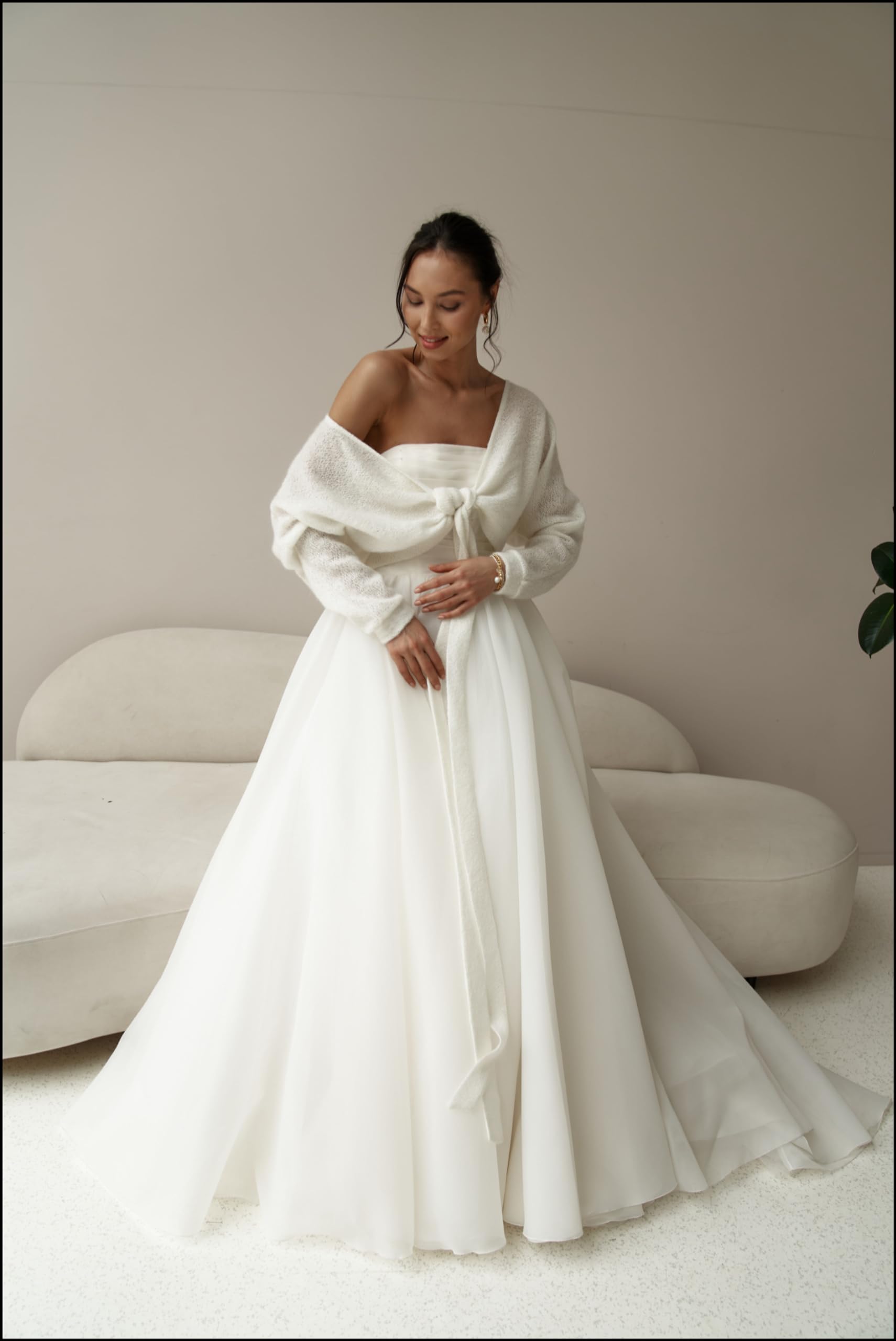 Elegant Ivory Bridal Cardigan with Ties - Cozy Wedding Dress Wrap Sweater for Bride, Chic Knitwear for Bridal Party, Engagement & Outdoor Ceremony (Size S)