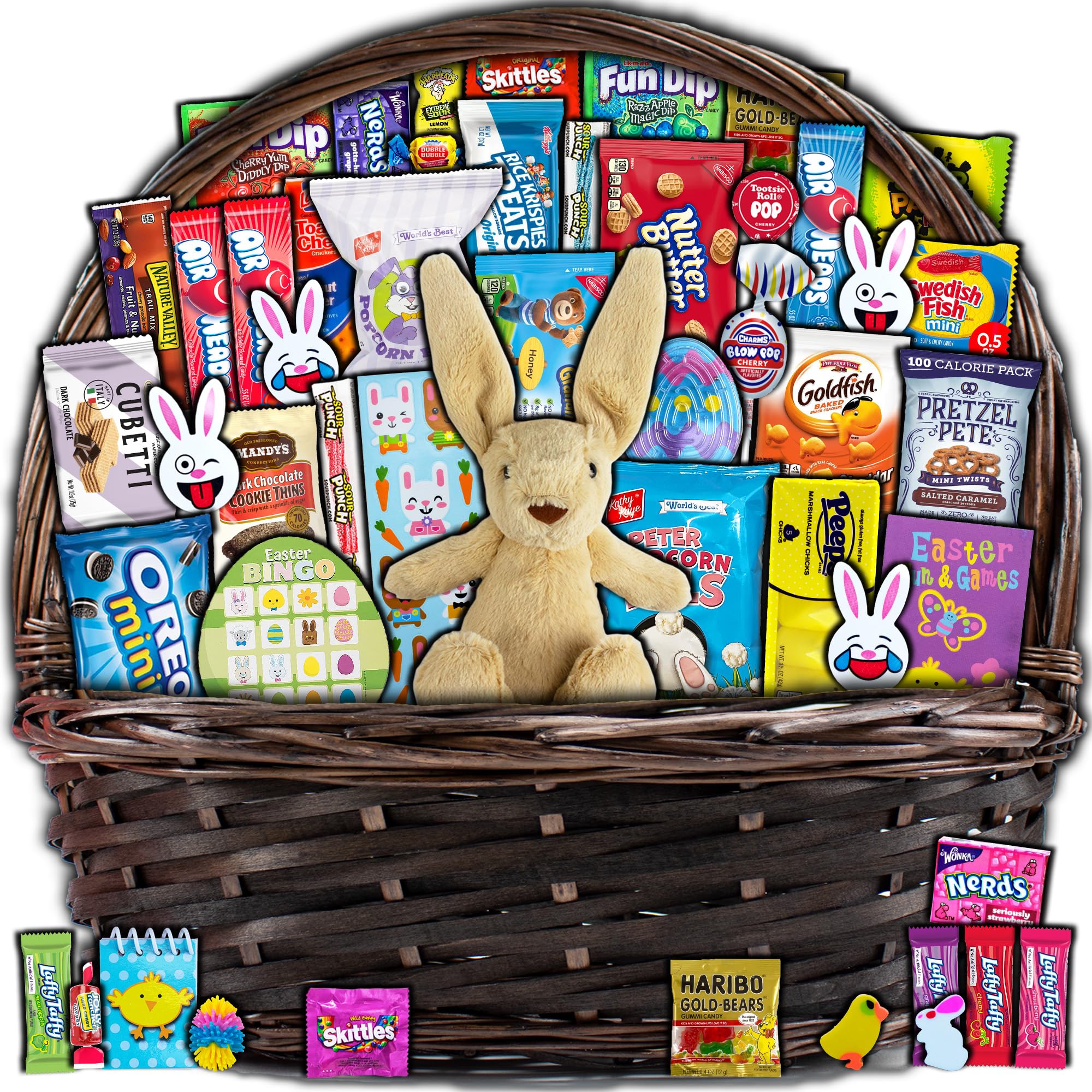 Premium Pre-Filled Easter Gift Basket (45 Pieces) - Includes Plush Bunny, Candy & Snacks - Perfect for Kids, Adults & Family - Easter Party, Classroom Treats & Holiday Gifting