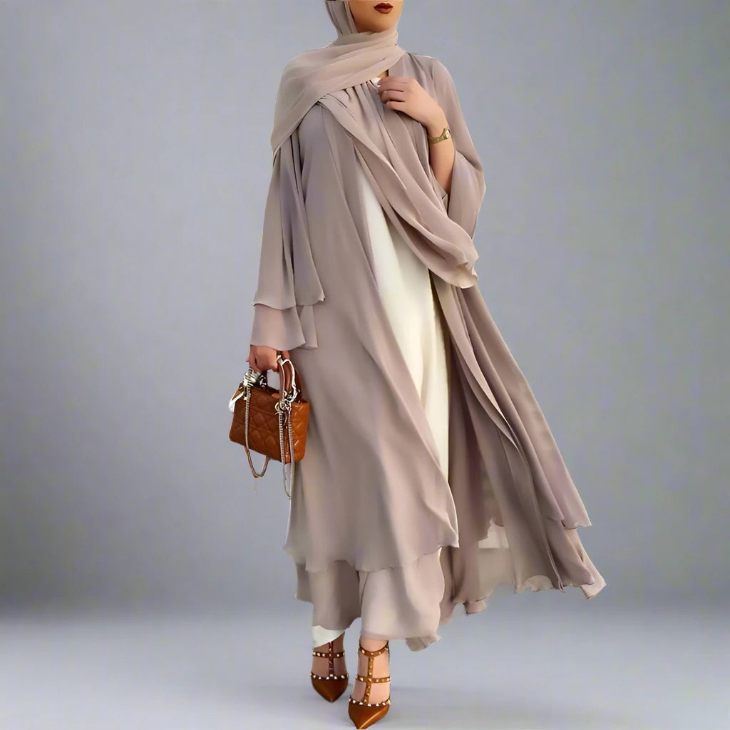 Elegant Solid Color Open Front Abaya Dress with Hijab for Muslim Women - Perfect for Prayer, Modest Fashion & Everyday Wear