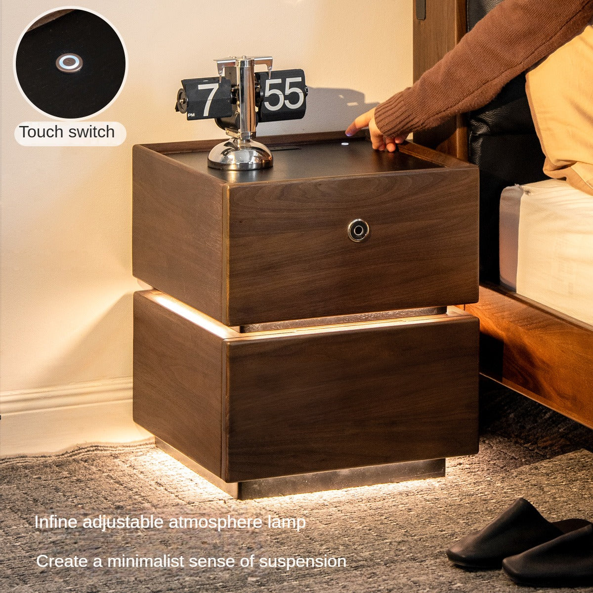 Premium Black Walnut Solid Wood Nightstand with Drawer - Modern Bedside Table for Bedroom, Living Room & Office - Durable Multi-Functional Storage Furniture