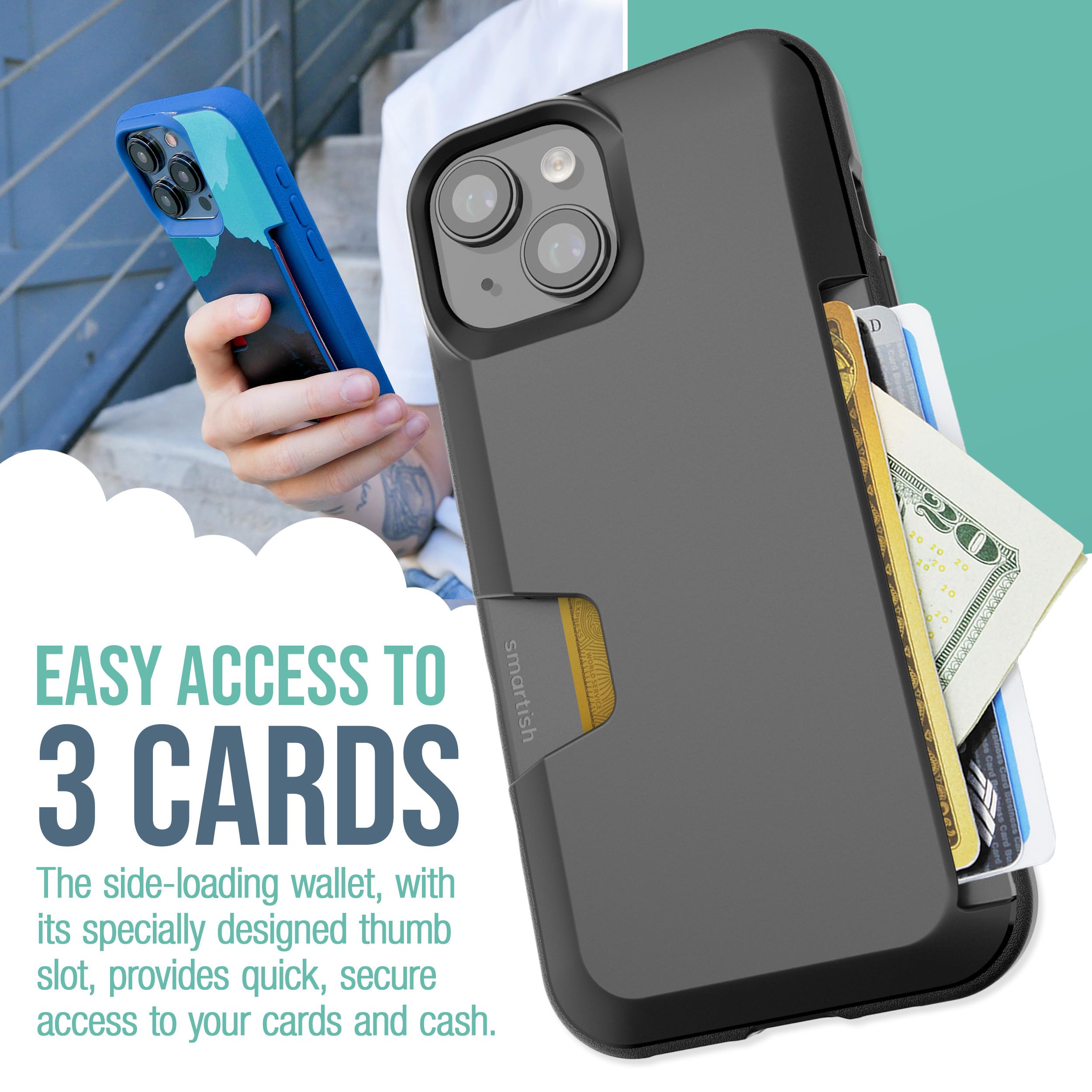 Smartish iPhone 15 Wallet Case Slim Protective Cover with Hidden Card Slot - Credit Card Holder & Drop Tested for Apple iPhone 15 - Black Tie Affair | Perfect for Everyday Use, Travel & Secure Mobile Payments
