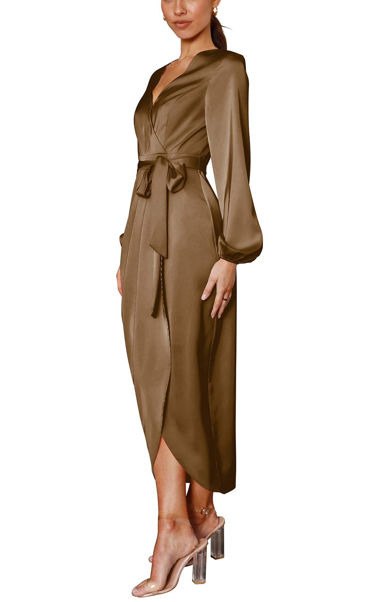 Elegant Women's Long Sleeve V-Neck Tie Waist Split Formal Cocktail Dress for Wedding Guest, Party, Evening Gown & Special Occasions