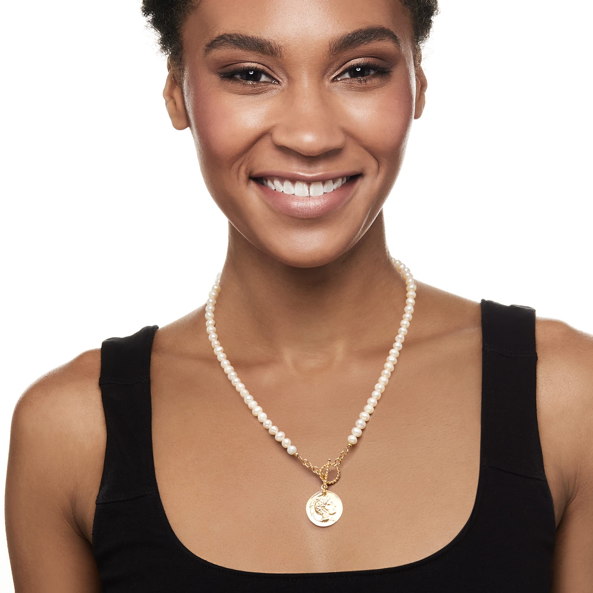 Ross-Simons 5.5-6mm Cultured Pearl & Roman Coin Charm Necklace - 18kt Gold Over Sterling Silver, 18 Inch Chain - Perfect for Weddings, Anniversaries & Special Occasions