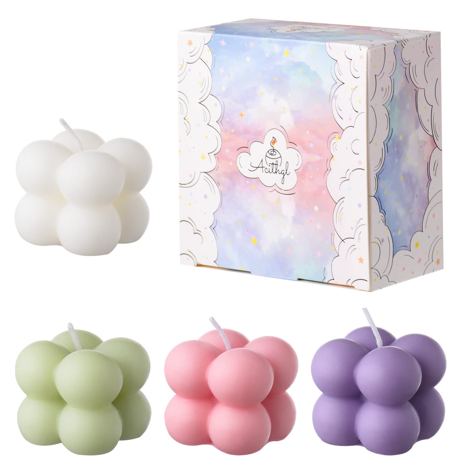 ACITHGL Bubble Candle Set - 4 Pack Small Cube Soy Wax Candles for Home Decor, Aromatherapy & Gifts | Scented Candles in 4 Colors | Perfect for Relaxation, Meditation & Romantic Ambiance