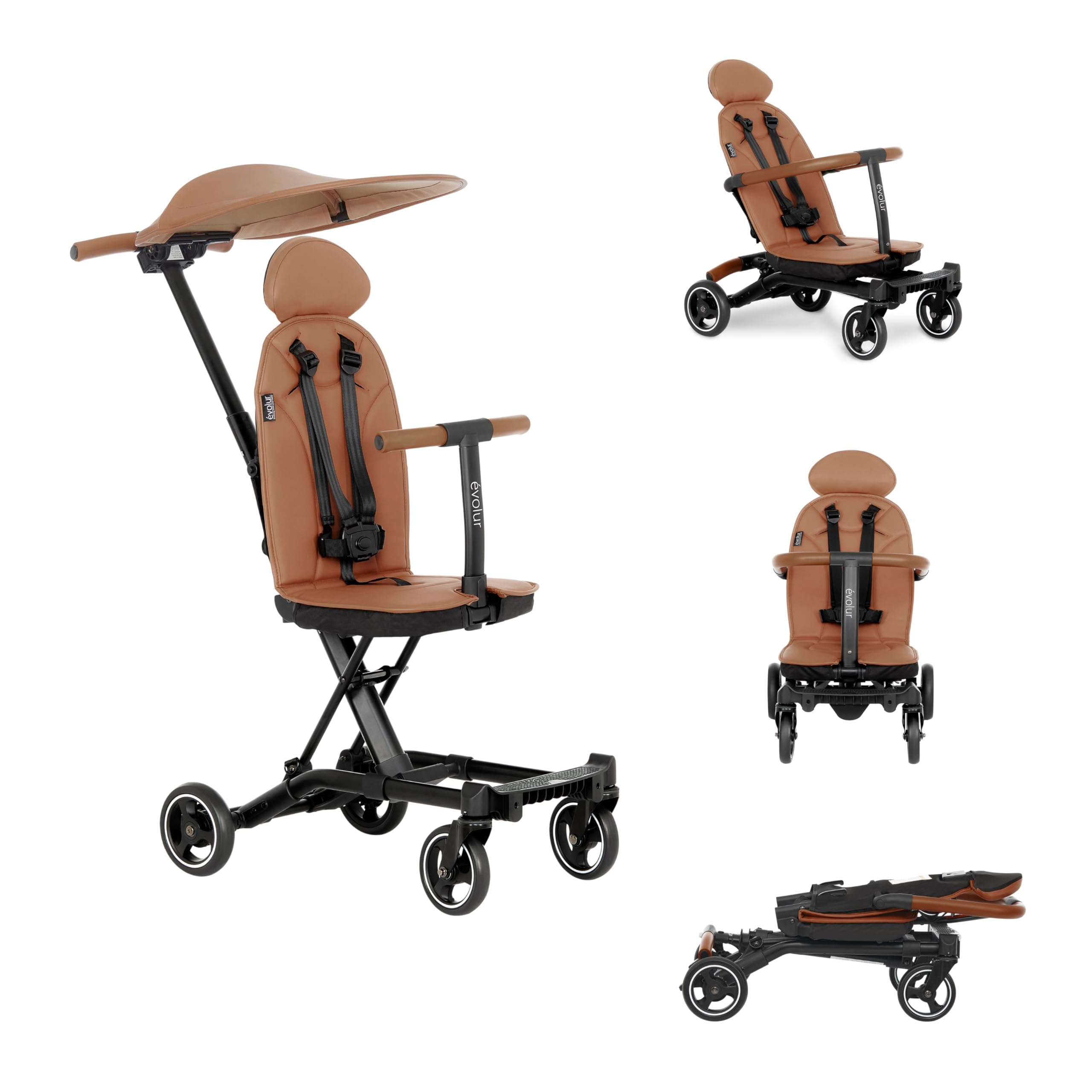 Evolur Cruise Rider Lightweight Compact Fold Stroller with Canopy - Easy Carry Travel Stroller for Toddlers, Perfect for Airports, Shopping & Daily Walks - Cognac