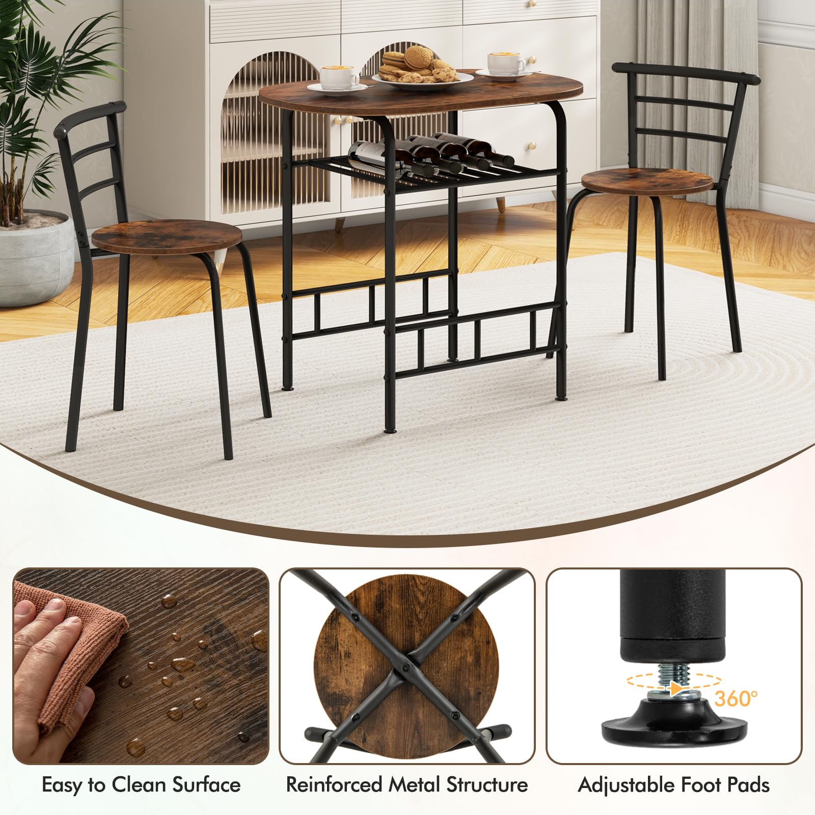Giantex 3-Piece Space Saving Dining Set - Compact Bistro Table with 2 Chairs, Metal Frame & Storage Shelf - Perfect for Small Apartments, Kitchen, Breakfast Nook & Pub Style Decor (Black & Brown) - Ideal for Studio Living, Balcony Dining & Urban Homes