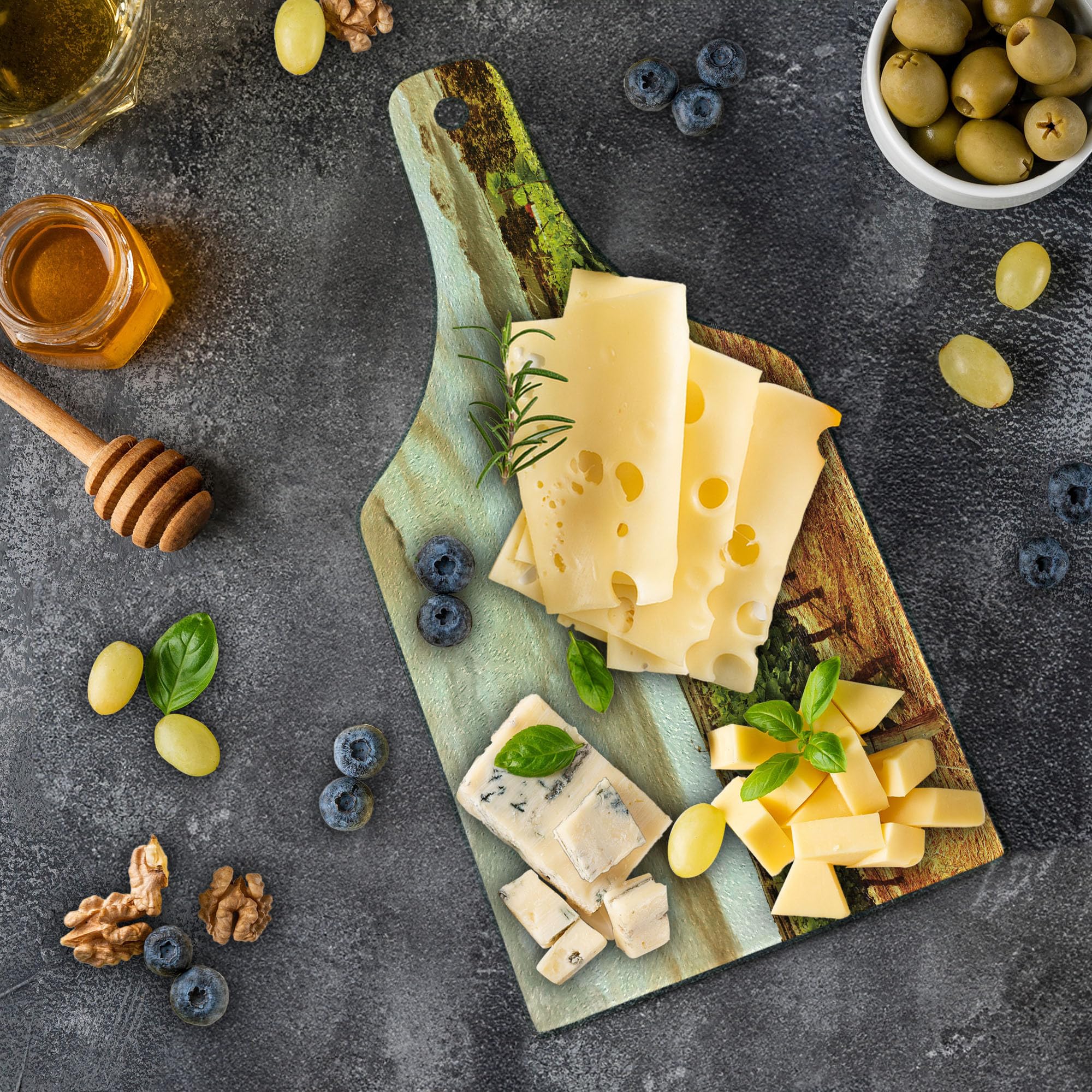 Ambesonne Country Grape Vineyard Digital Print Tempered Glass Cutting Board - Wine Bottle Shape, Burnt Orange Green Off White - Perfect for Cheese Serving, Charcuterie Display & Kitchen Decor