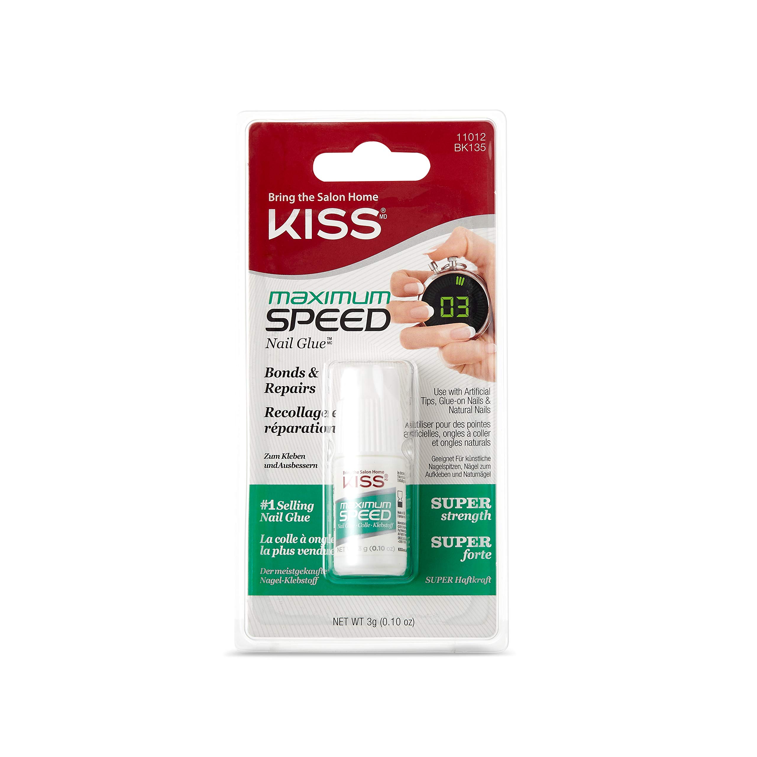 Kiss Products Maximum Speed Nail Glue - 0.10 oz Fast Drying Super Strong Adhesive for Acrylic Nails, Press On Nails & Nail Art - Perfect for Home Manicures & Salon Use