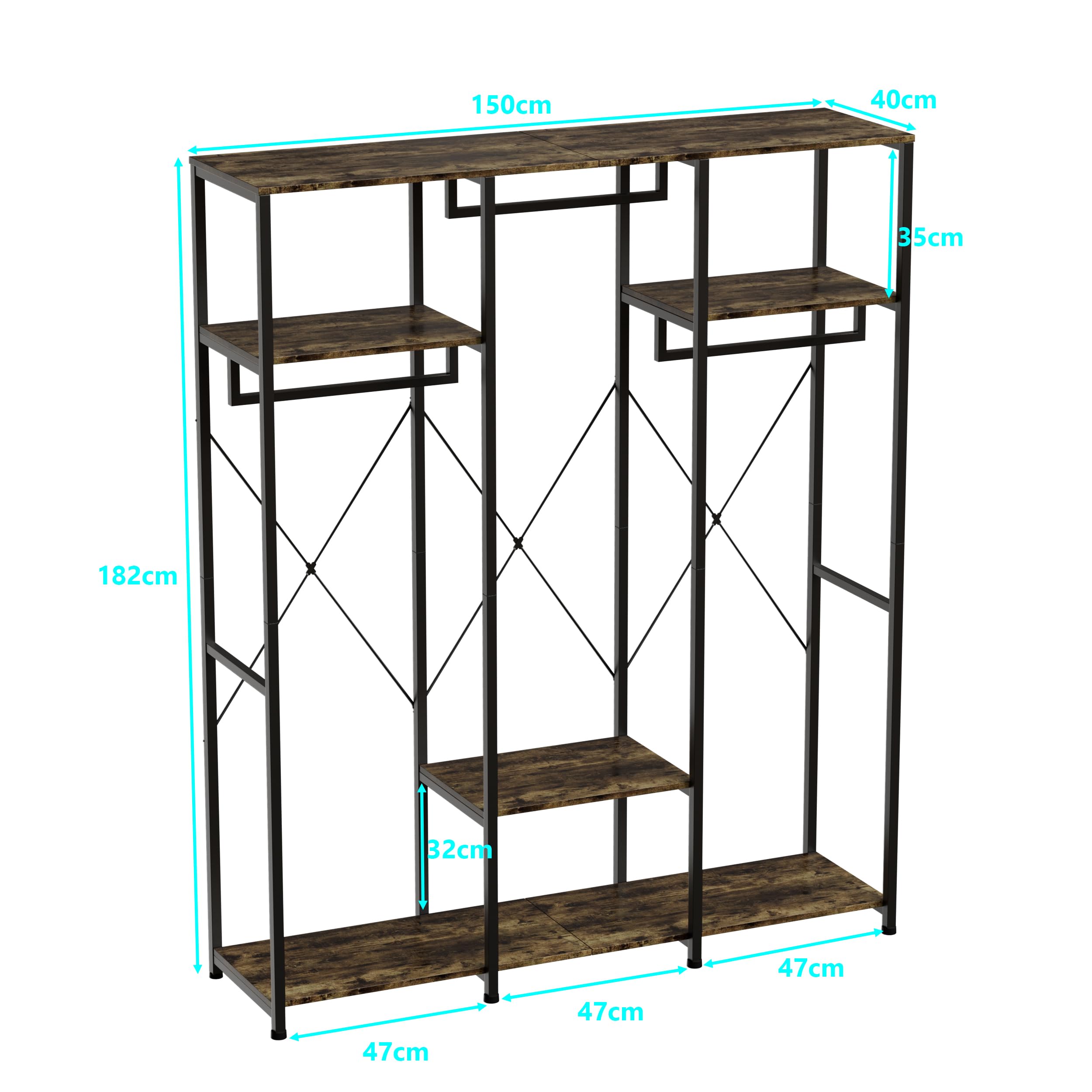 Sturdy Open Wardrobe Clothes Rack with Shelves - Freestanding Closet Organizer for Bedroom (40x150x182cm) - Perfect for Small Spaces, Dorm Rooms & Apartment Living