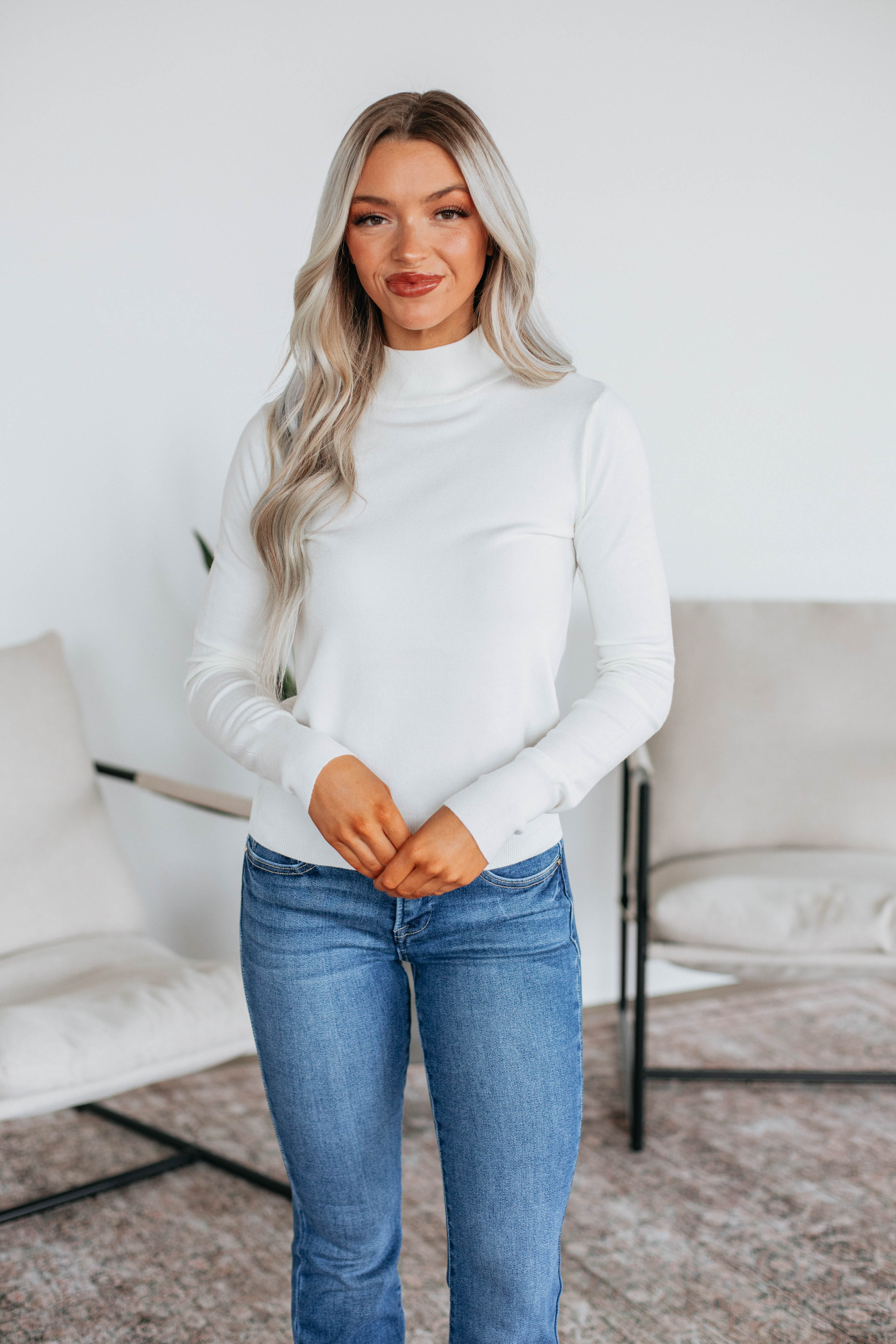 Afton Mock Neck Top for Women - Ivory Long Sleeve T-Shirt - Casual & Work Wear - Perfect for Office, Outfits & Layering