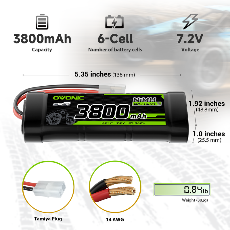 2 Pack OVONIC 7.2V 3800mAh NiMH Rechargeable Battery with Tamiya Connector for RC Cars, Trucks, Boats - High Performance Power Supply for Remote Control Vehicles, Hobby Racing & Off-Road Adventures