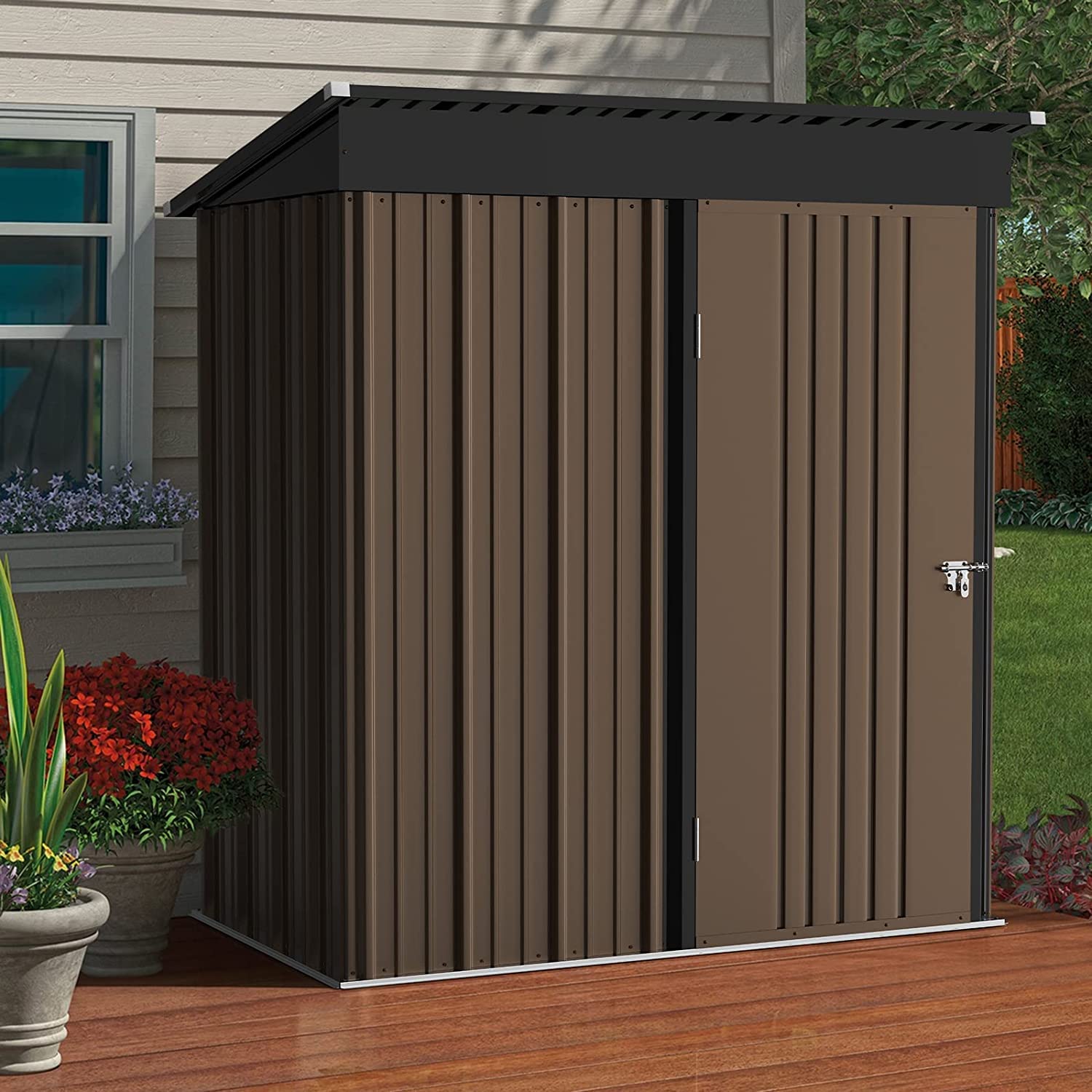 LEMBERI 5x3 FT Outdoor Storage Shed with Floor - Heavy Duty Galvanized Steel Garden Shed with Lockable Door, Waterproof & Rustproof Tool Shed for Backyard, Patio, Lawn (Brown) - Perfect for Storing Gardening Tools, Lawn Equipment & Outdoor Furniture