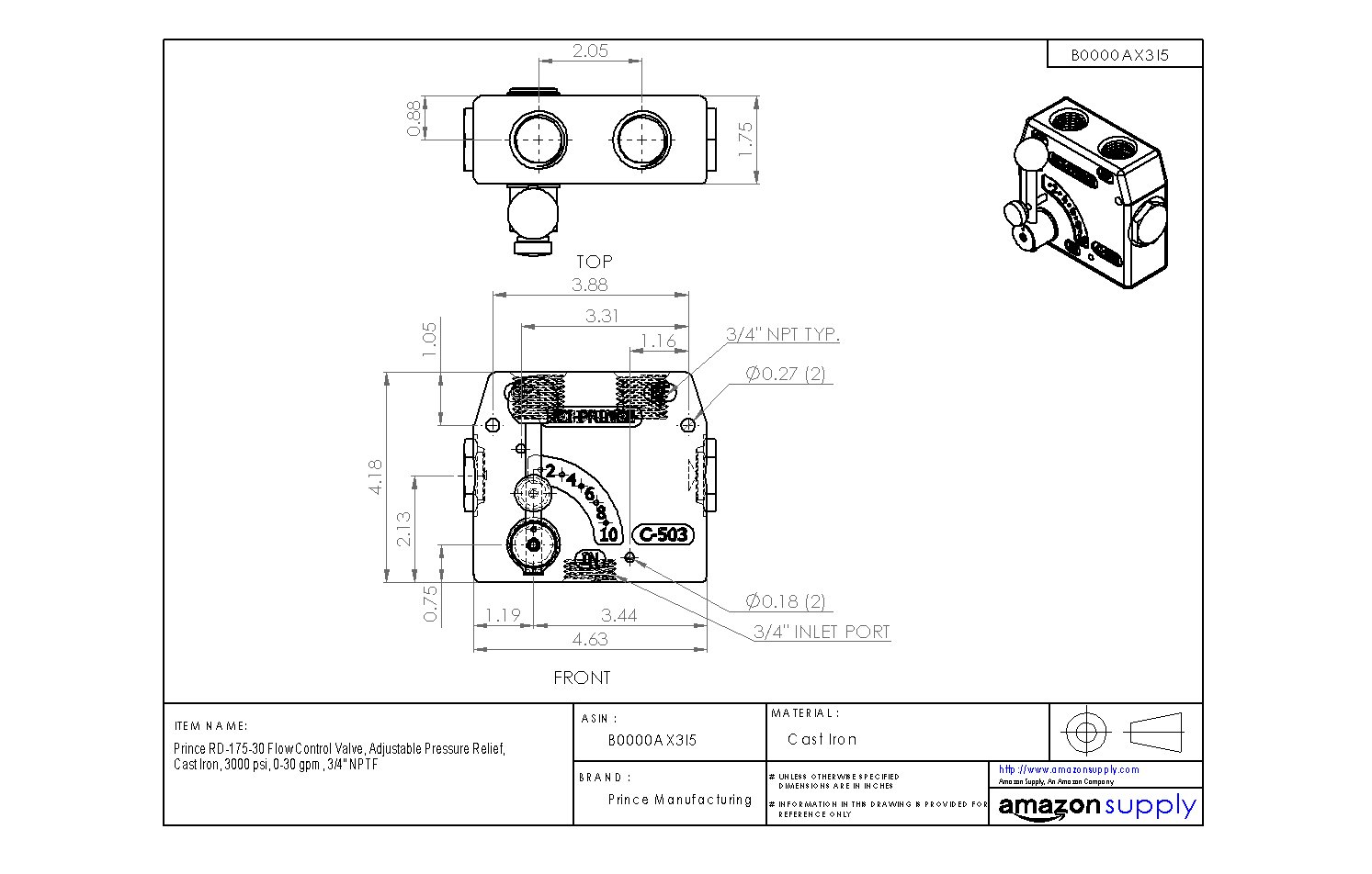 Prince RD-175-30 Adjustable Flow Control Valve - 3000 psi Cast Iron Pressure Relief Valve, 0-30 GPM, 3/4