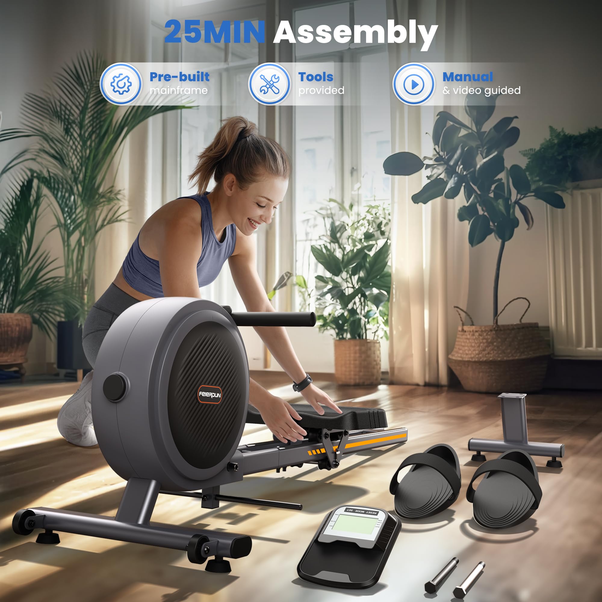 FEIERDUN Magnetic Rowing Machine for Home - 350LBS Weight Capacity, Dual Slide Rail, Bluetooth APP Connectivity - Perfect for Home Gym, Cardio Workouts & Full Body Training