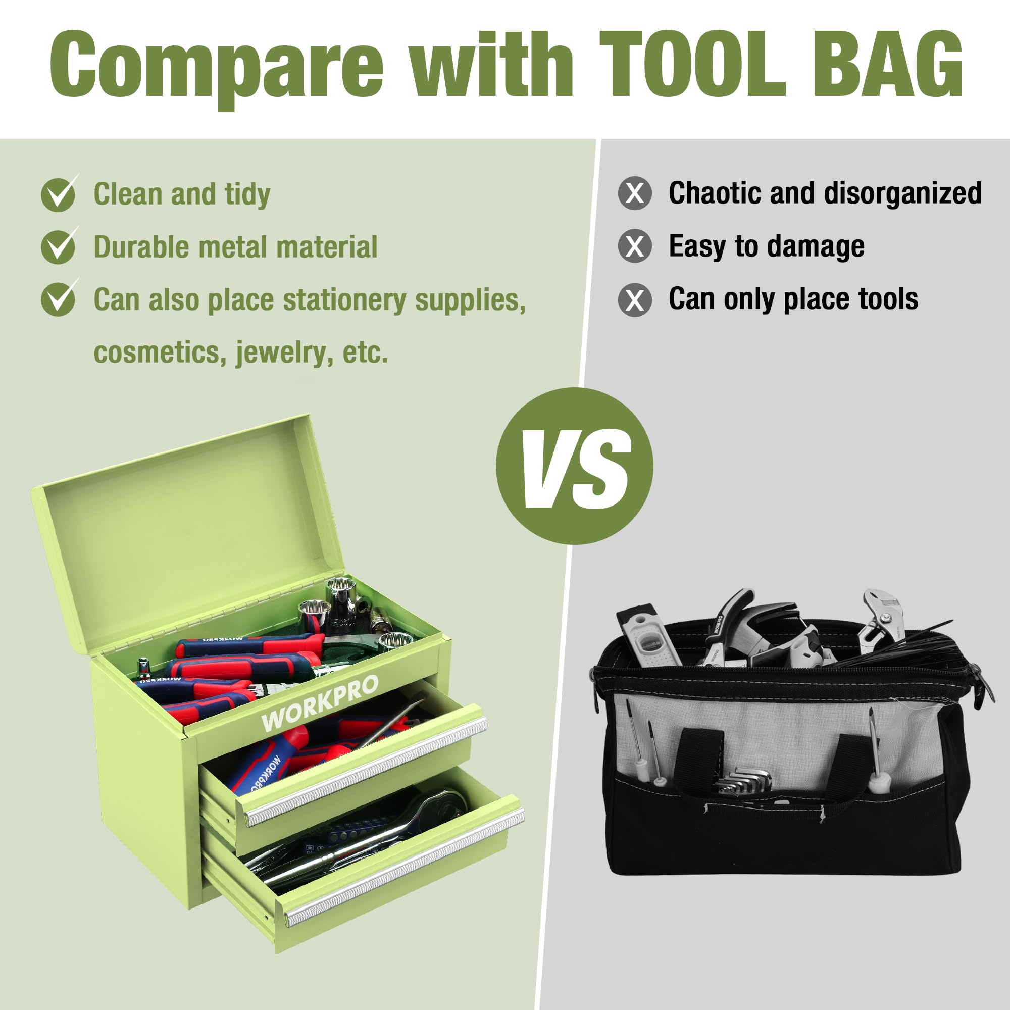 WORKPRO Mini Metal Tool Box with 2 Drawers & Top Storage - Small Steel Tool Chest with PVC Liners, PP Feet Pads & Magnetic Tab - Durable Cold Rolled Steel Toolbox for Home Garage, Workshop & DIY Projects