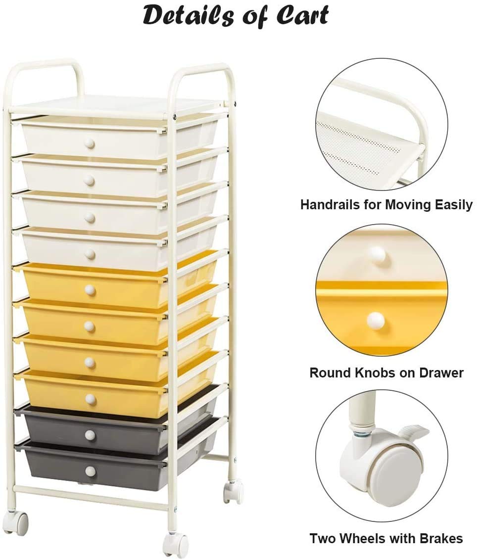 Happygrill 10-Drawer Rolling Storage Cart with Wheels - Organizer for Home Office, Craft Room, Kitchen & Bathroom - Mobile Storage Solution for Supplies, Tools & Essentials