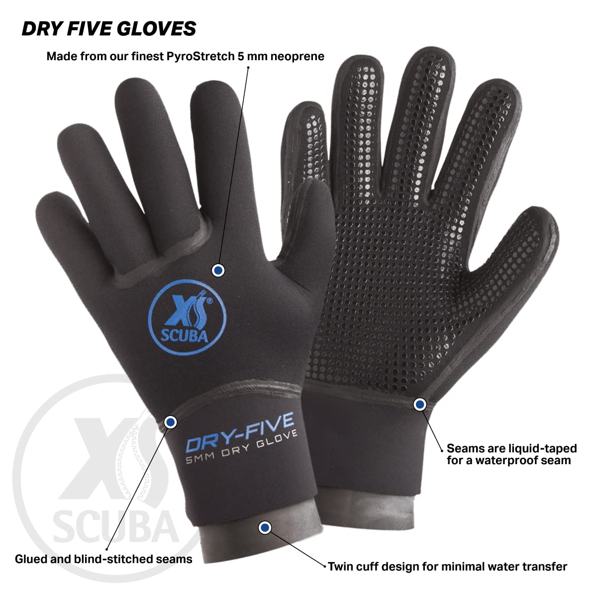 XS Scuba Dry Five Gloves - Waterproof & Thermal Diving Gloves for Cold Water Scuba Diving, Snorkeling & Spearfishing - Perfect for Underwater Exploration & Marine Activities