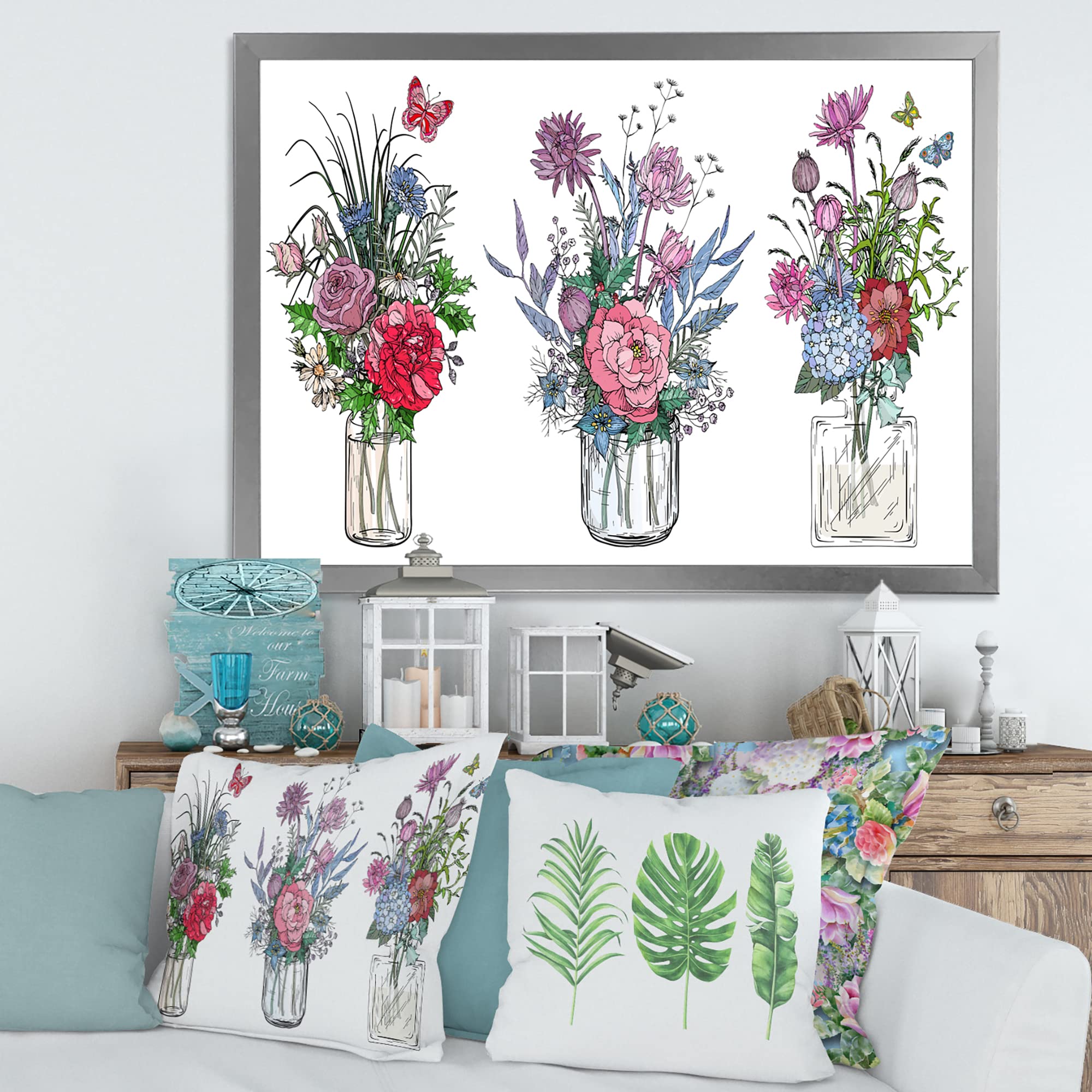 Farmhouse Style Wildflower Bouquets in Transparent Vases - Framed Wall Art Decor for Living Room, Bedroom & Office